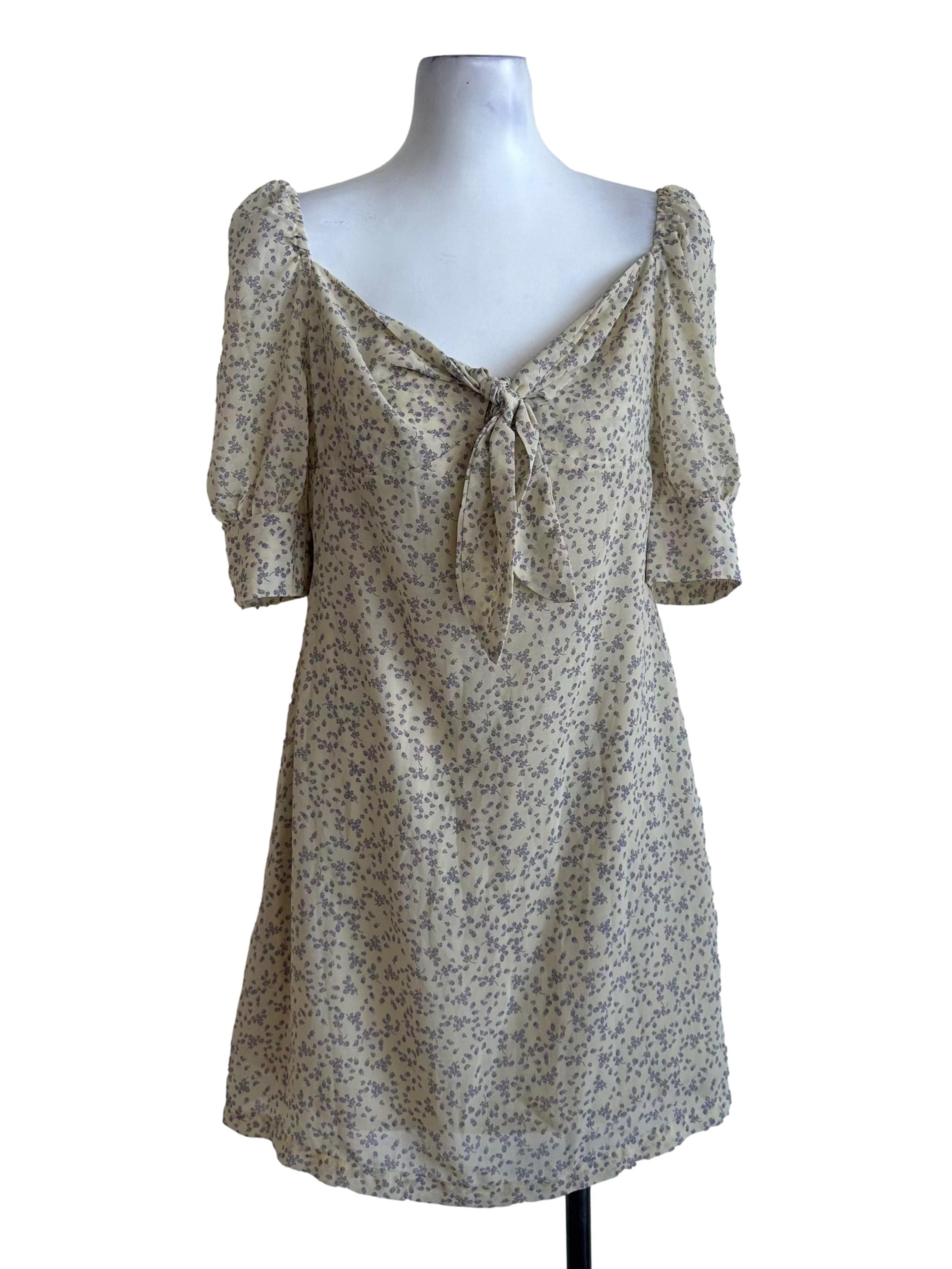 Dusty Yellow Floral Pattern Knot Dress YHF