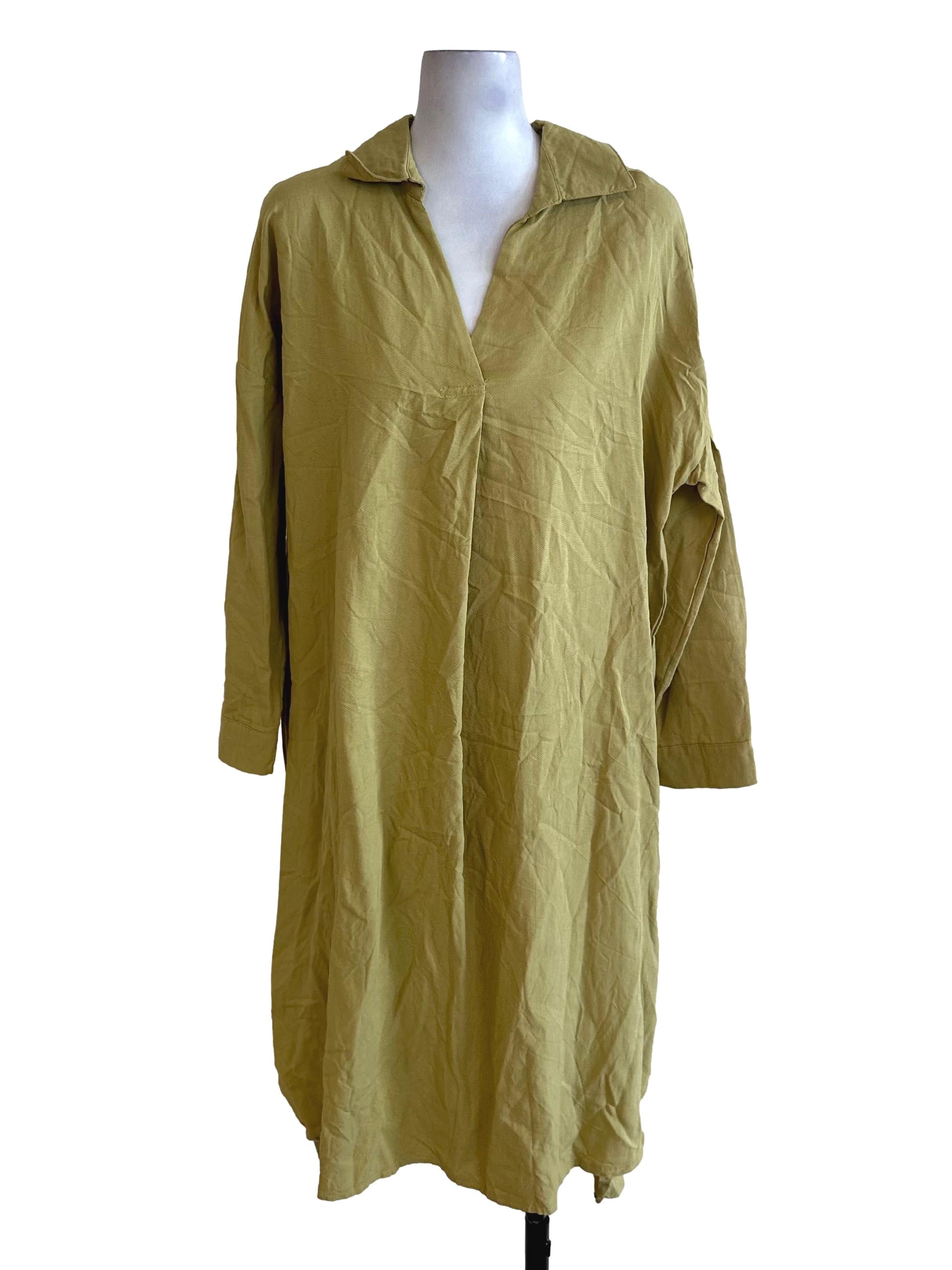 Olive Green V Neck Collar Dress