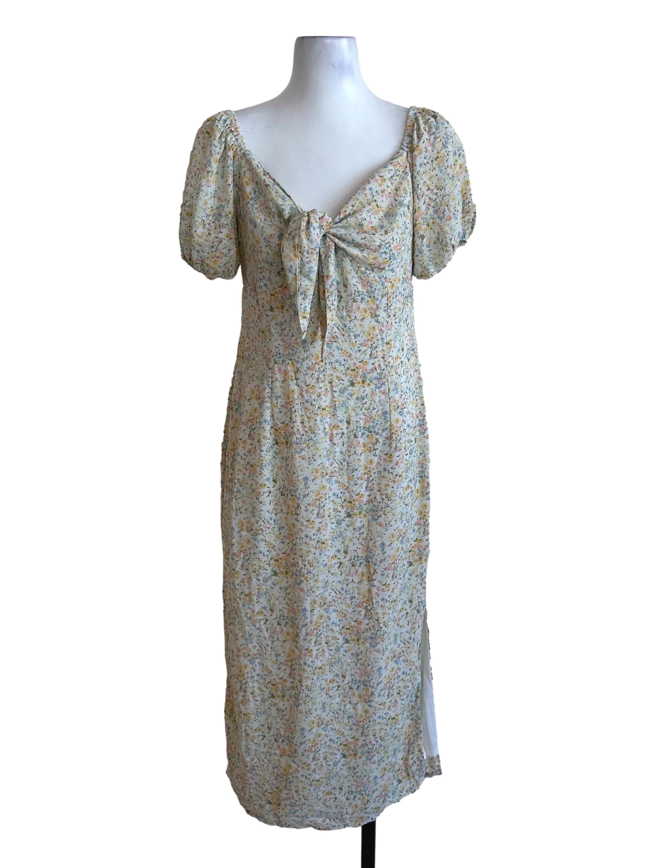Cream White Floral Knot Slit Dress