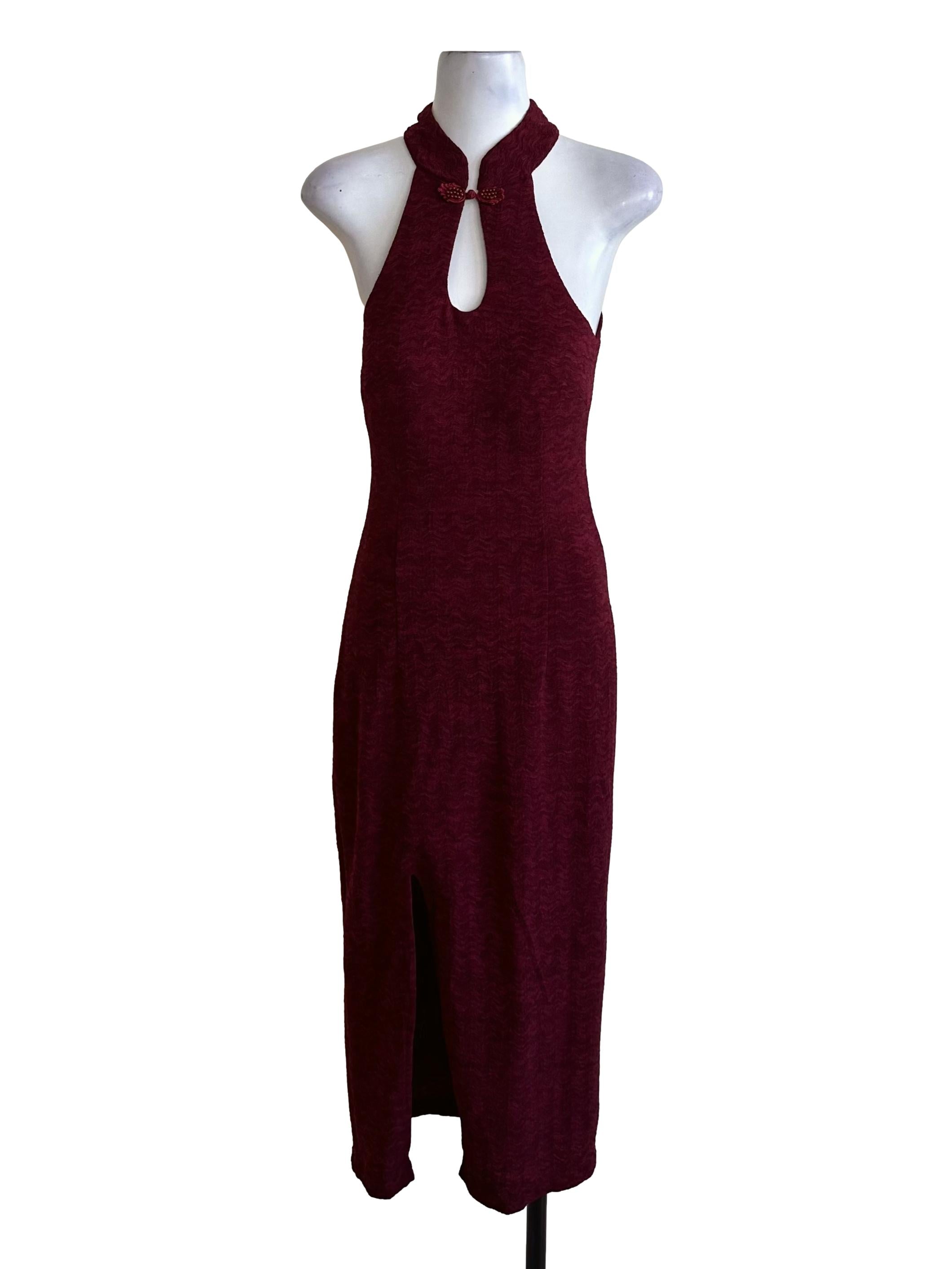 Maroon Red Textured Cheongsam Halter Dress