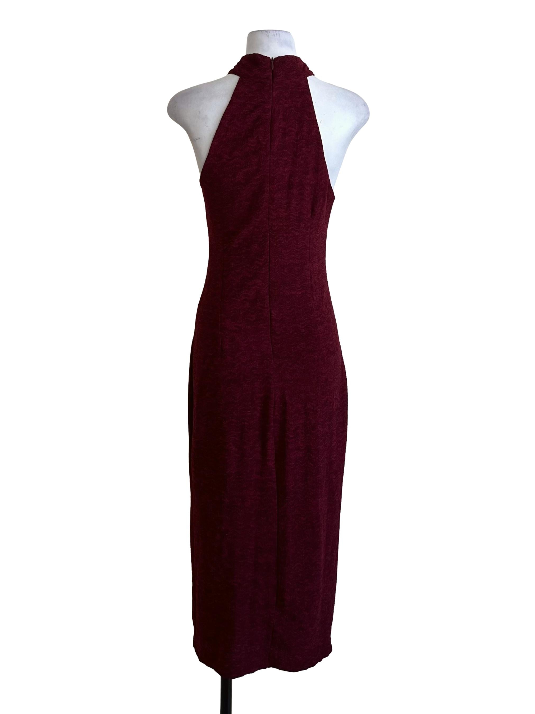 Maroon Red Textured Cheongsam Halter Dress
