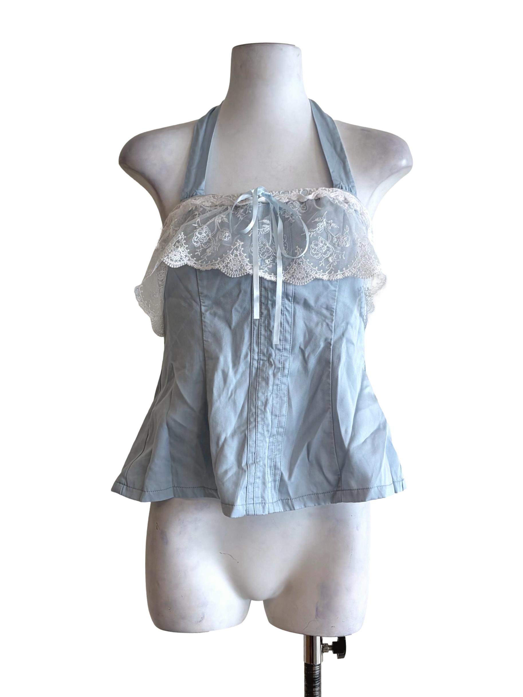 Icy Blue Corset Halter Lace Front Crop Top