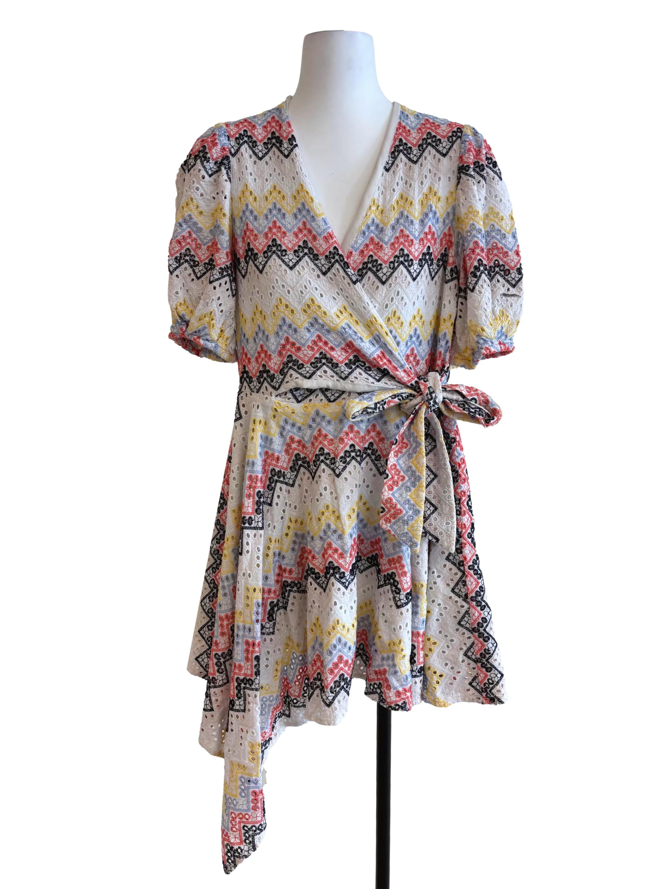 Powder White Multicolor Embroidered Wrap Dress