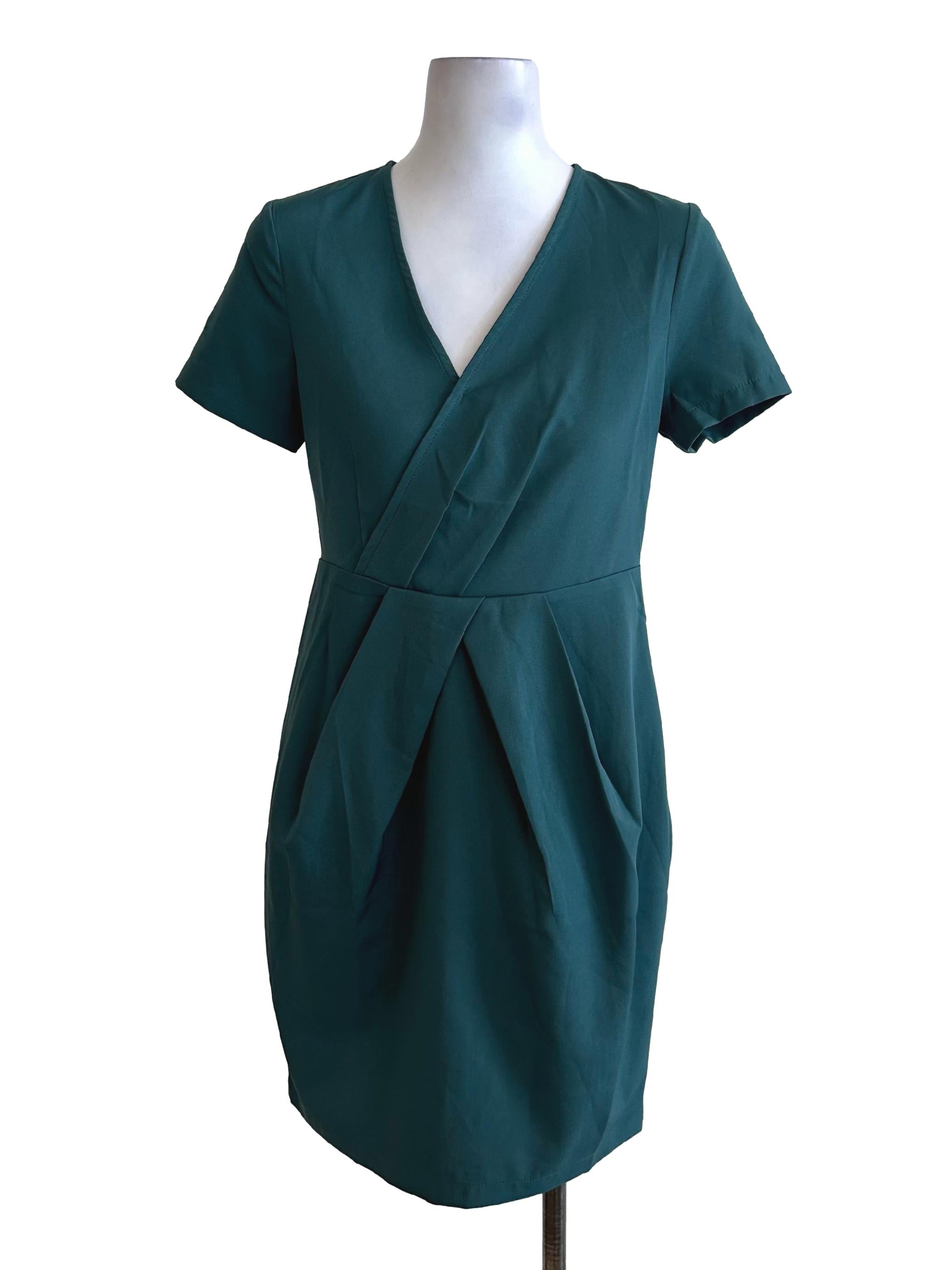 Teal Green V Neck Pleated Short Sleeve Dress