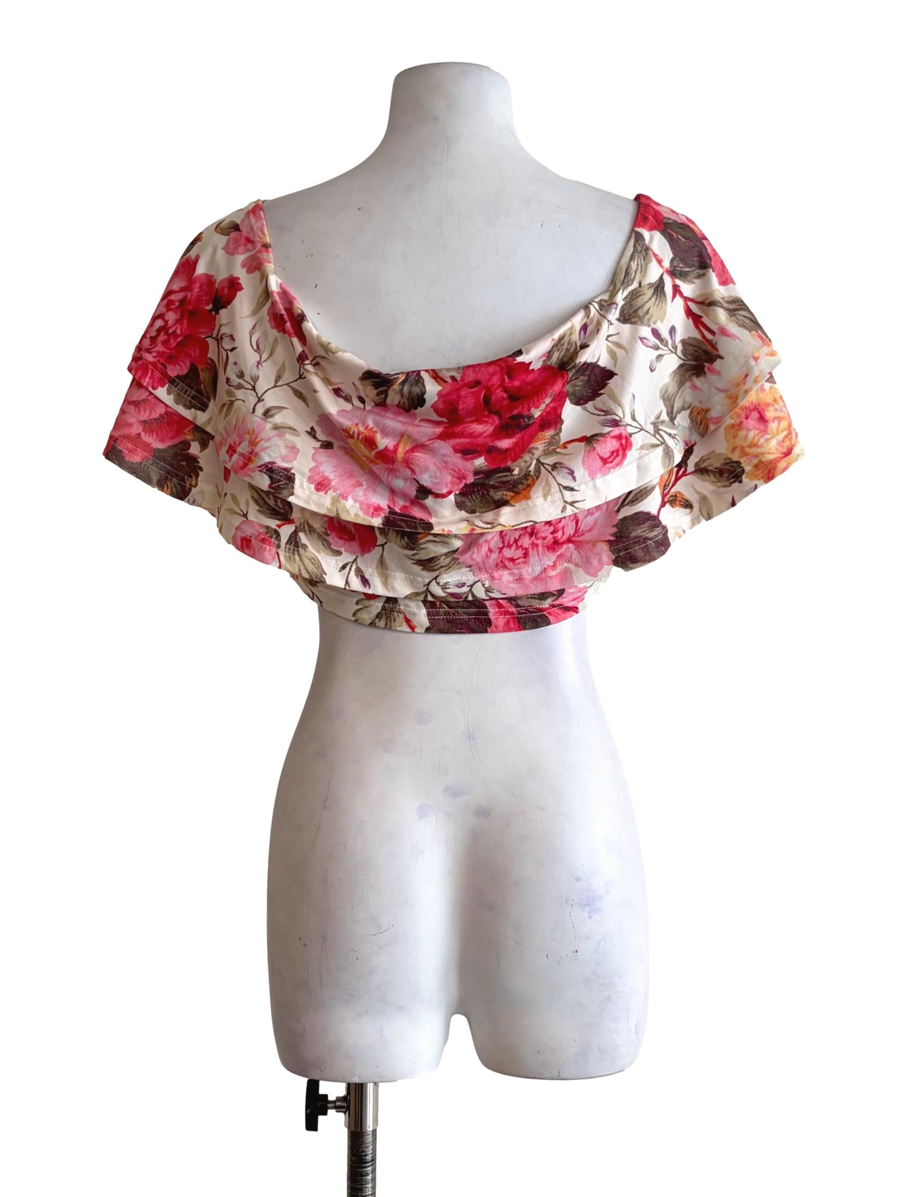 Ivory Beige Floral Print Flutter Sleeve Crop Top
