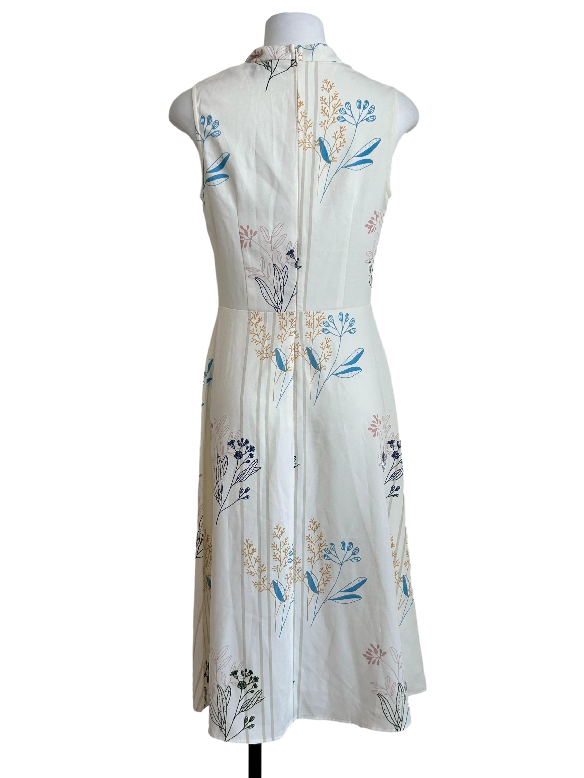 White Botanical-Print Notch-Neck Midi Dress