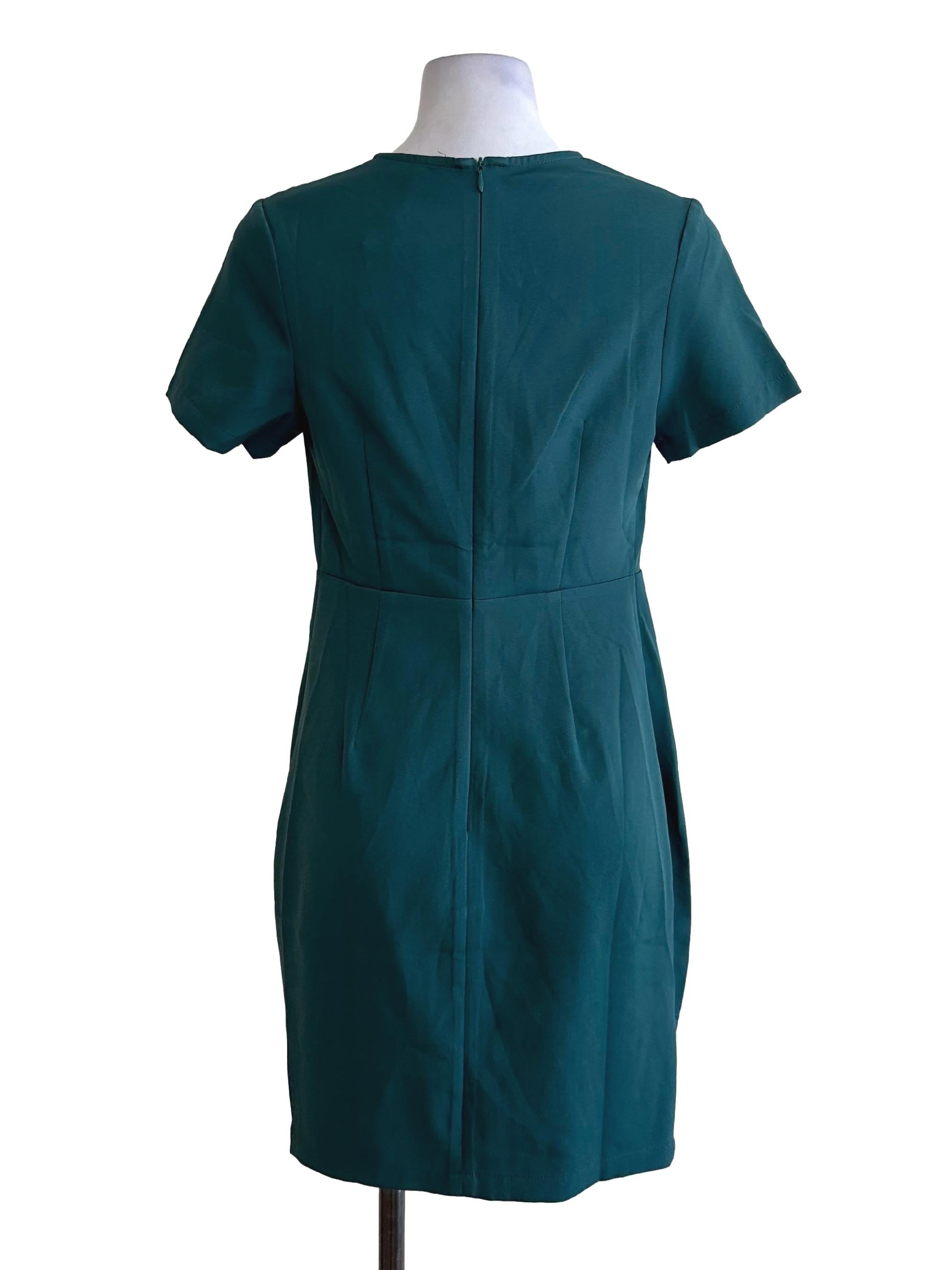 Teal Green V Neck Pleated Short Sleeve Dress