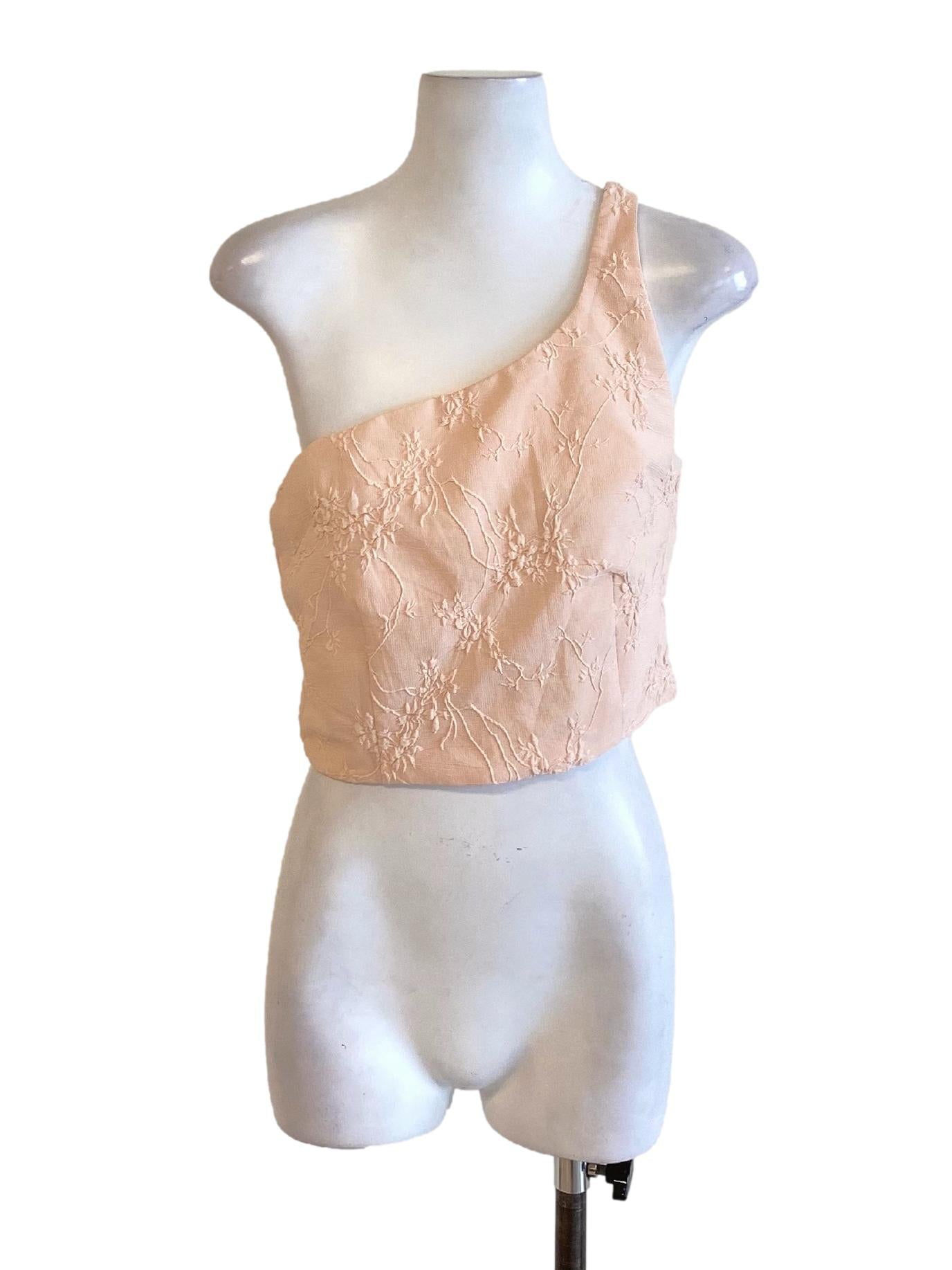 Light Salmon Pink Floral One Shoulder Cropped Top