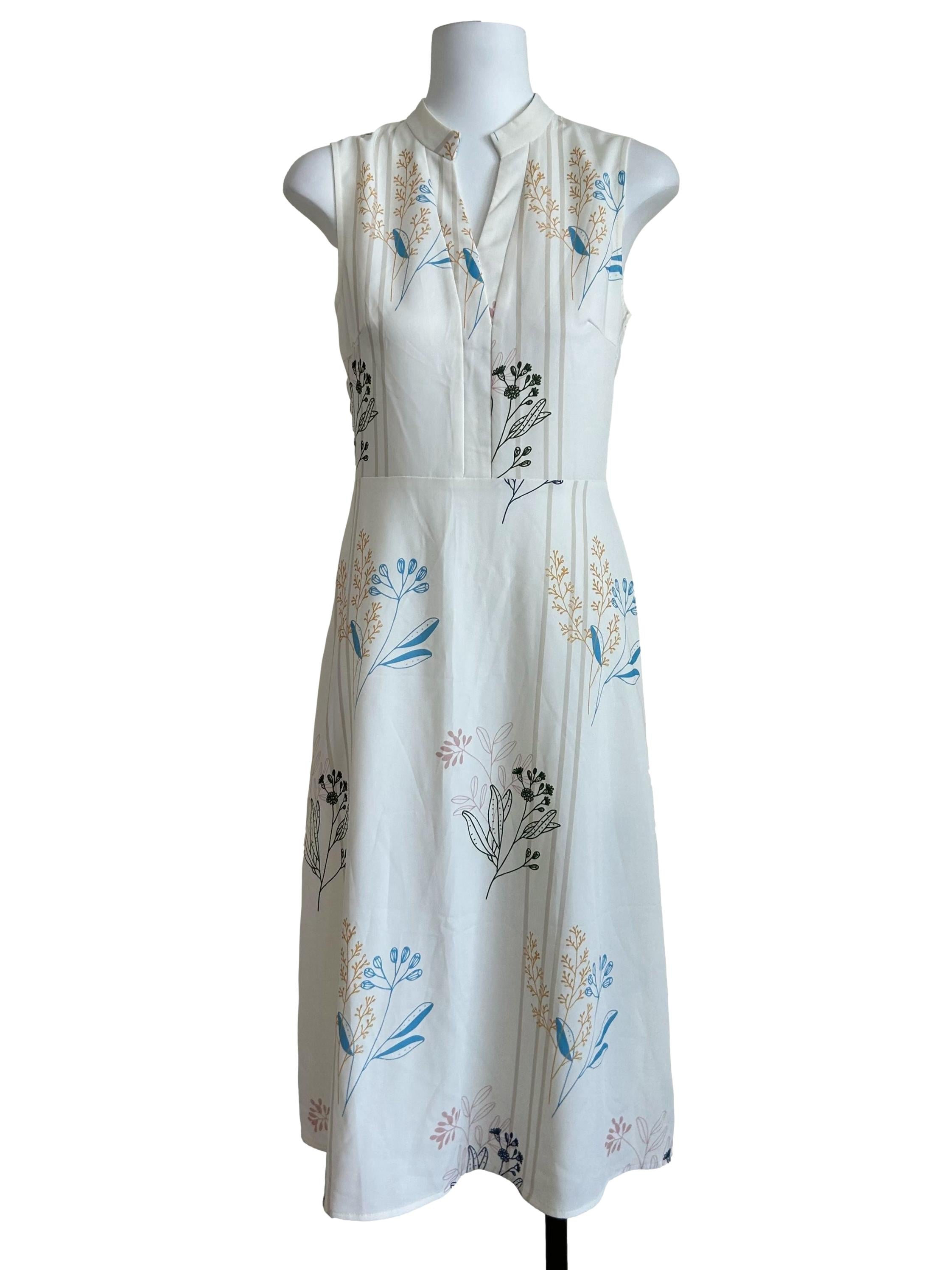White Botanical-Print Notch-Neck Midi Dress