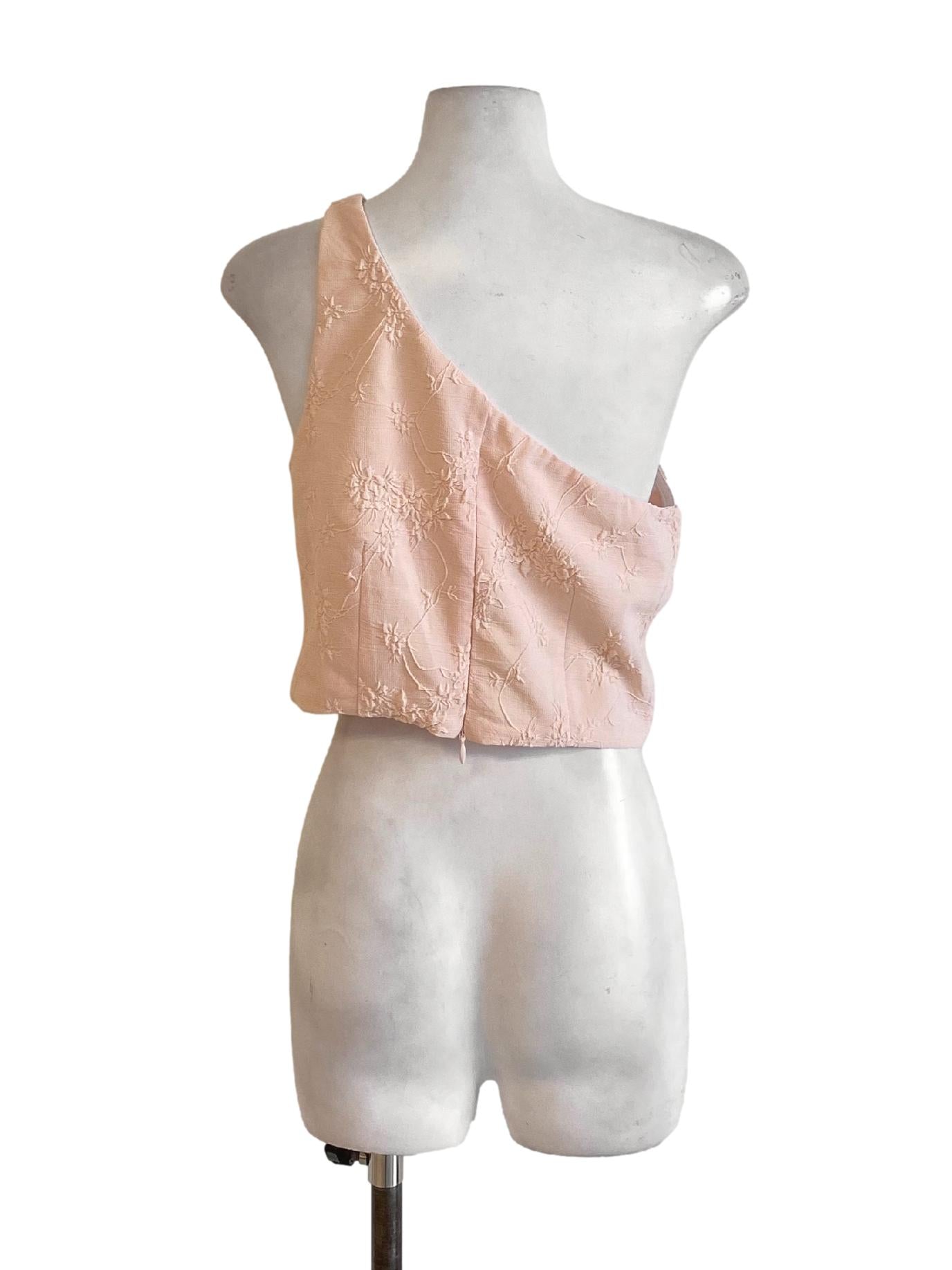 Light Salmon Pink Floral One Shoulder Cropped Top