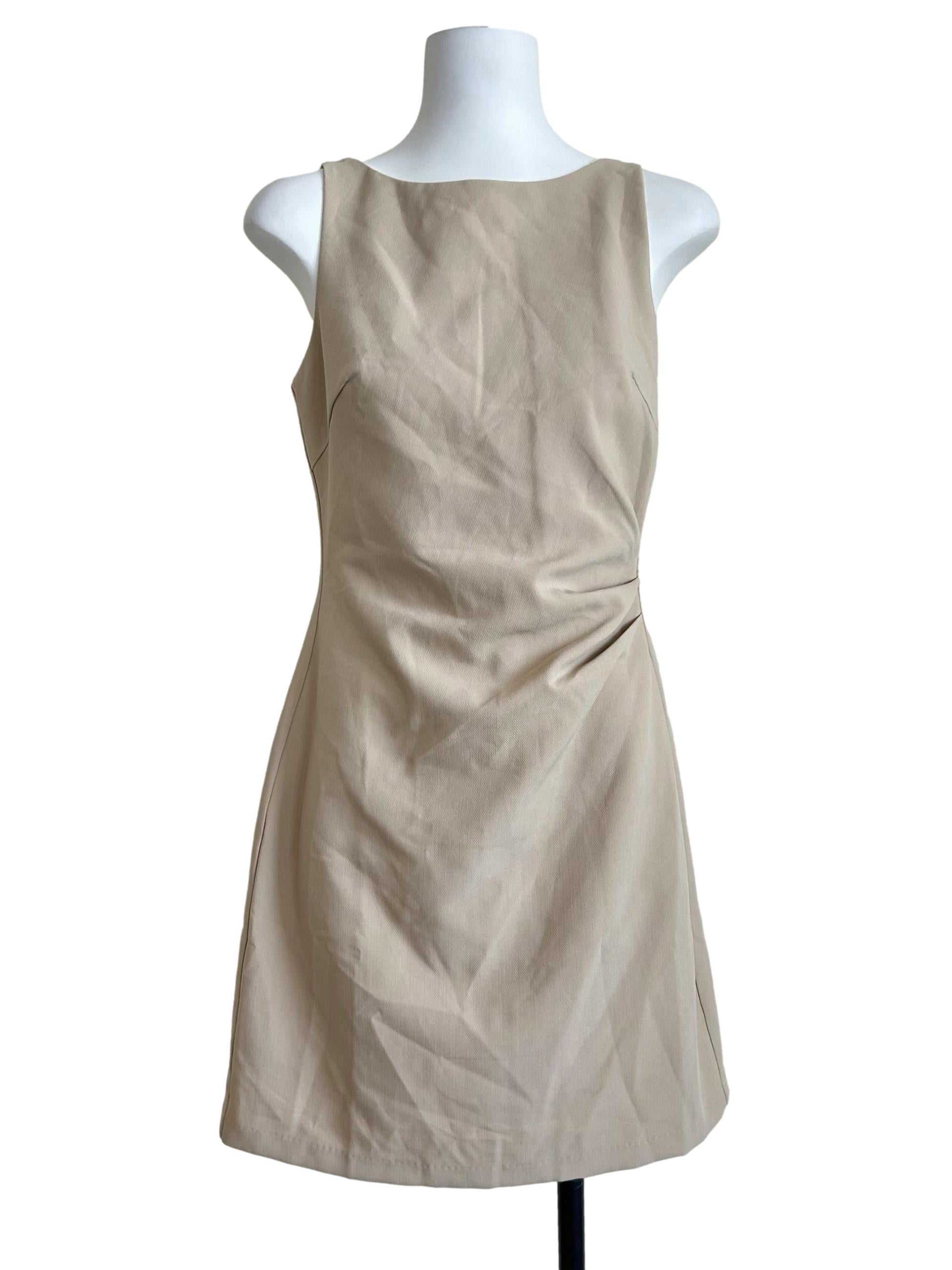 Taupe Ruched Boat-Neck Mini Dress