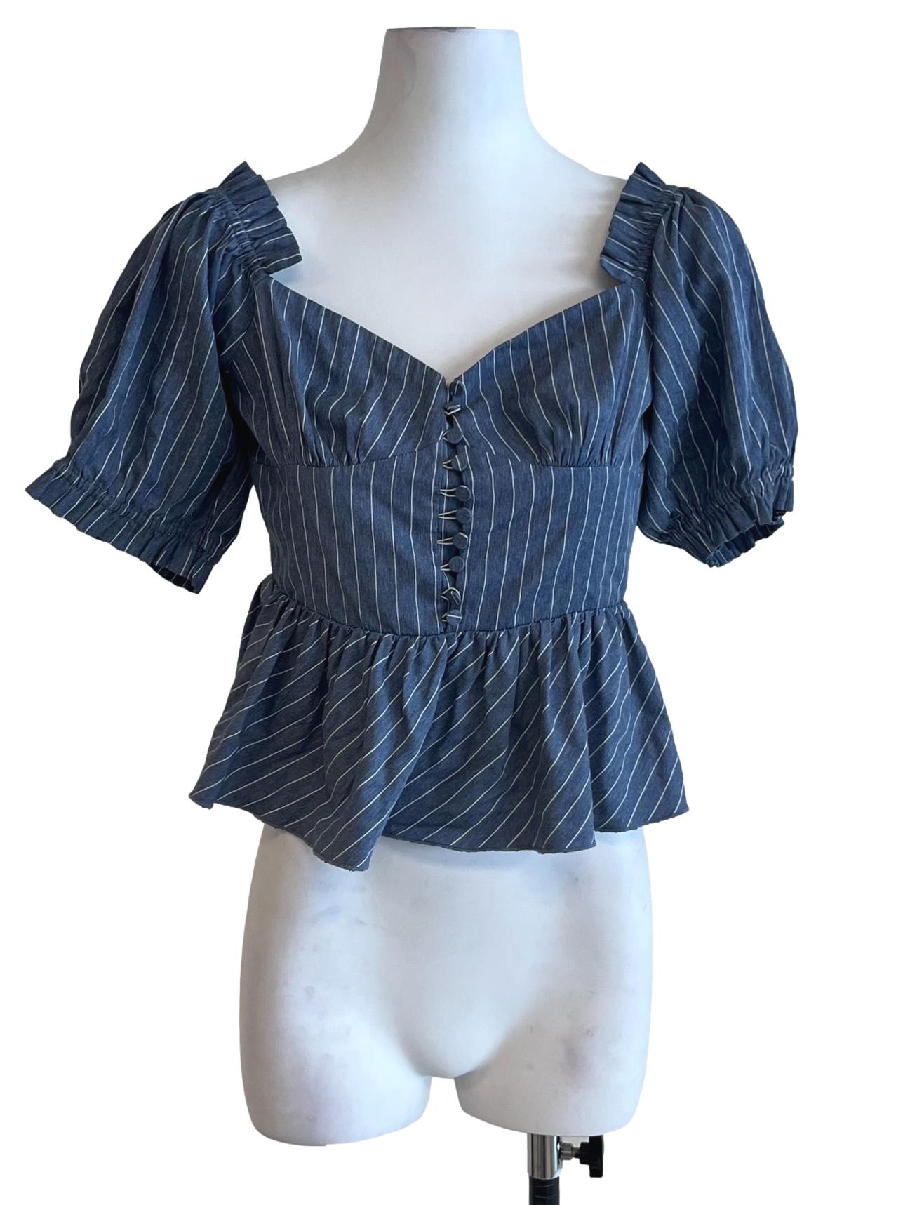 Blue Sweetheart Neckline Blouse