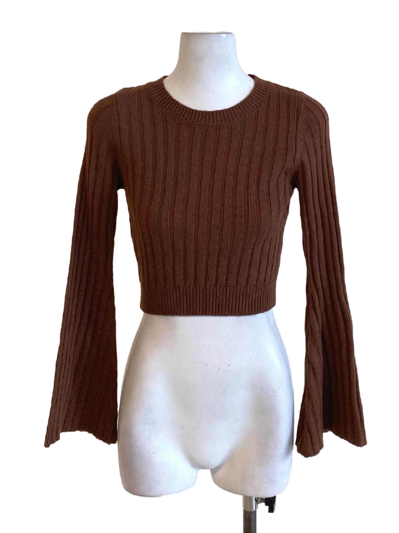 Brunette Brown Knitted Round Neck Cape Sleeve Cropped Top TWL