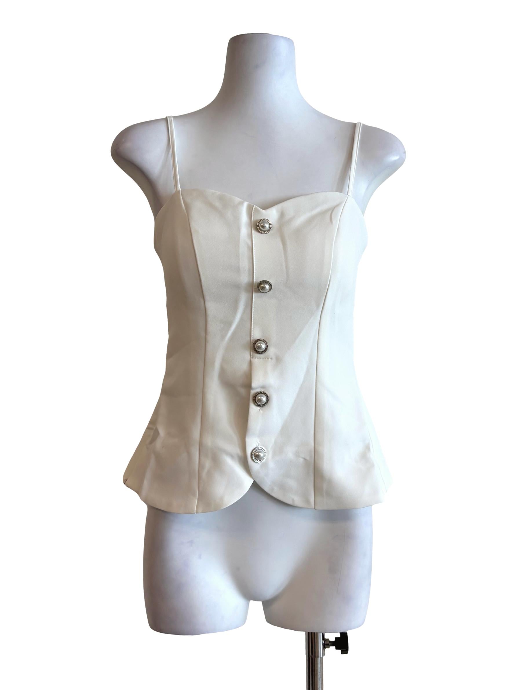 White Pearl Button Sweetheart Fitted Top