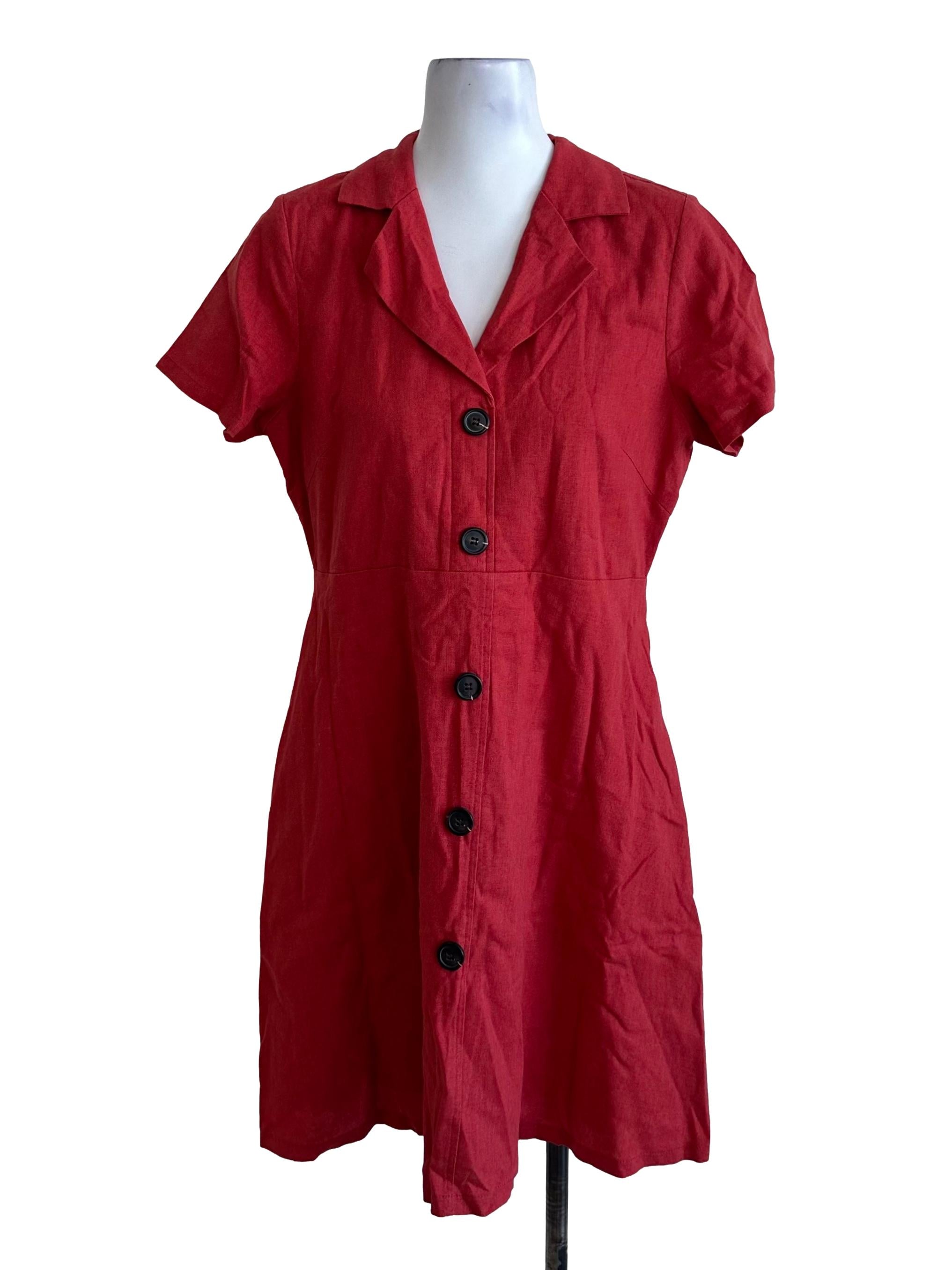 Rose Red V Neck Button Shirt Dress