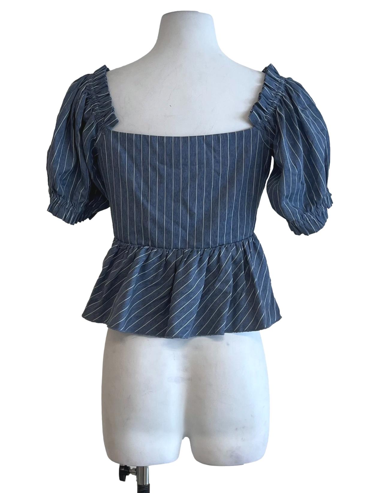 Blue Sweetheart Neckline Blouse