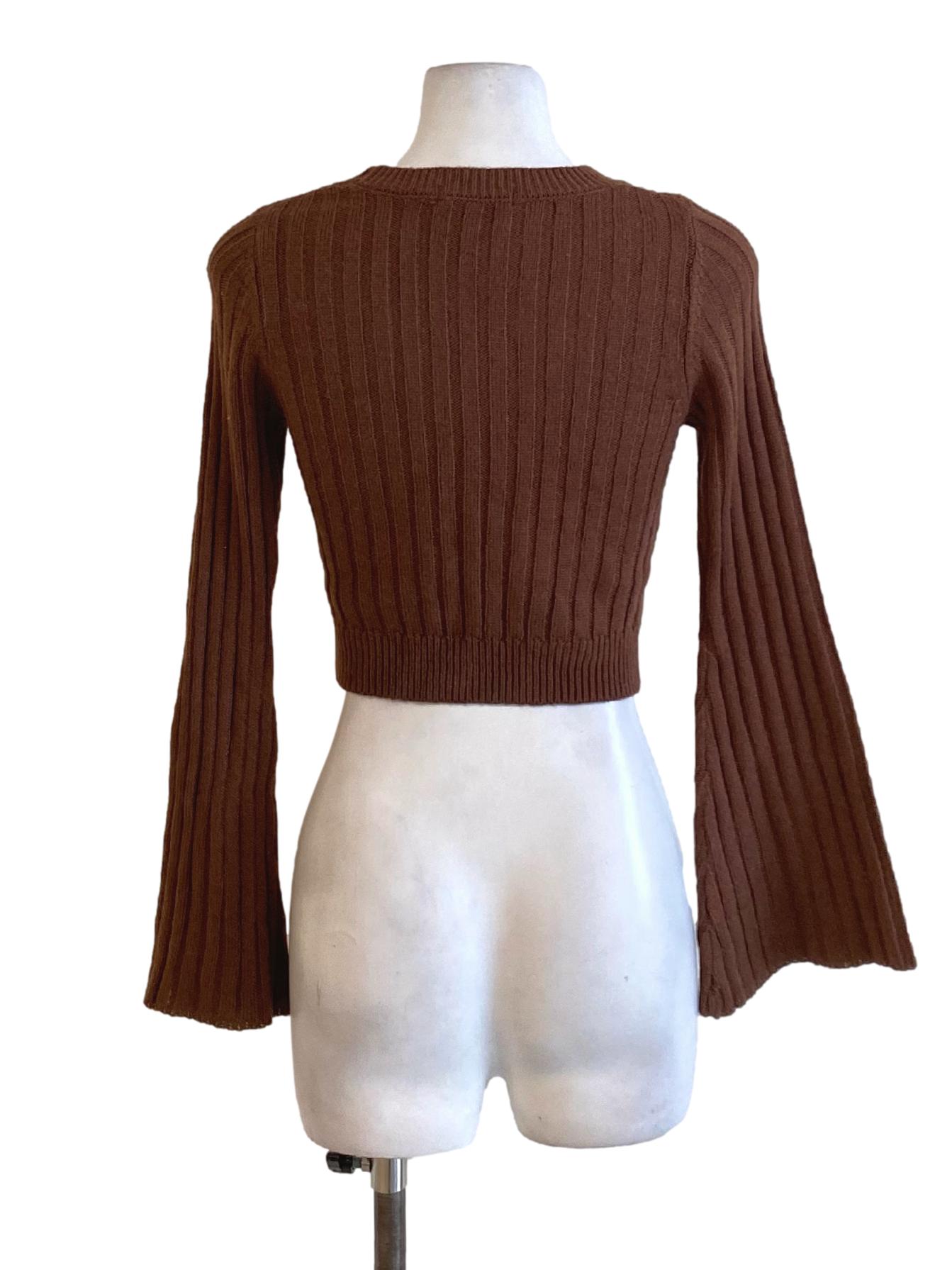Brunette Brown Knitted Round Neck Cape Sleeve Cropped Top TWL