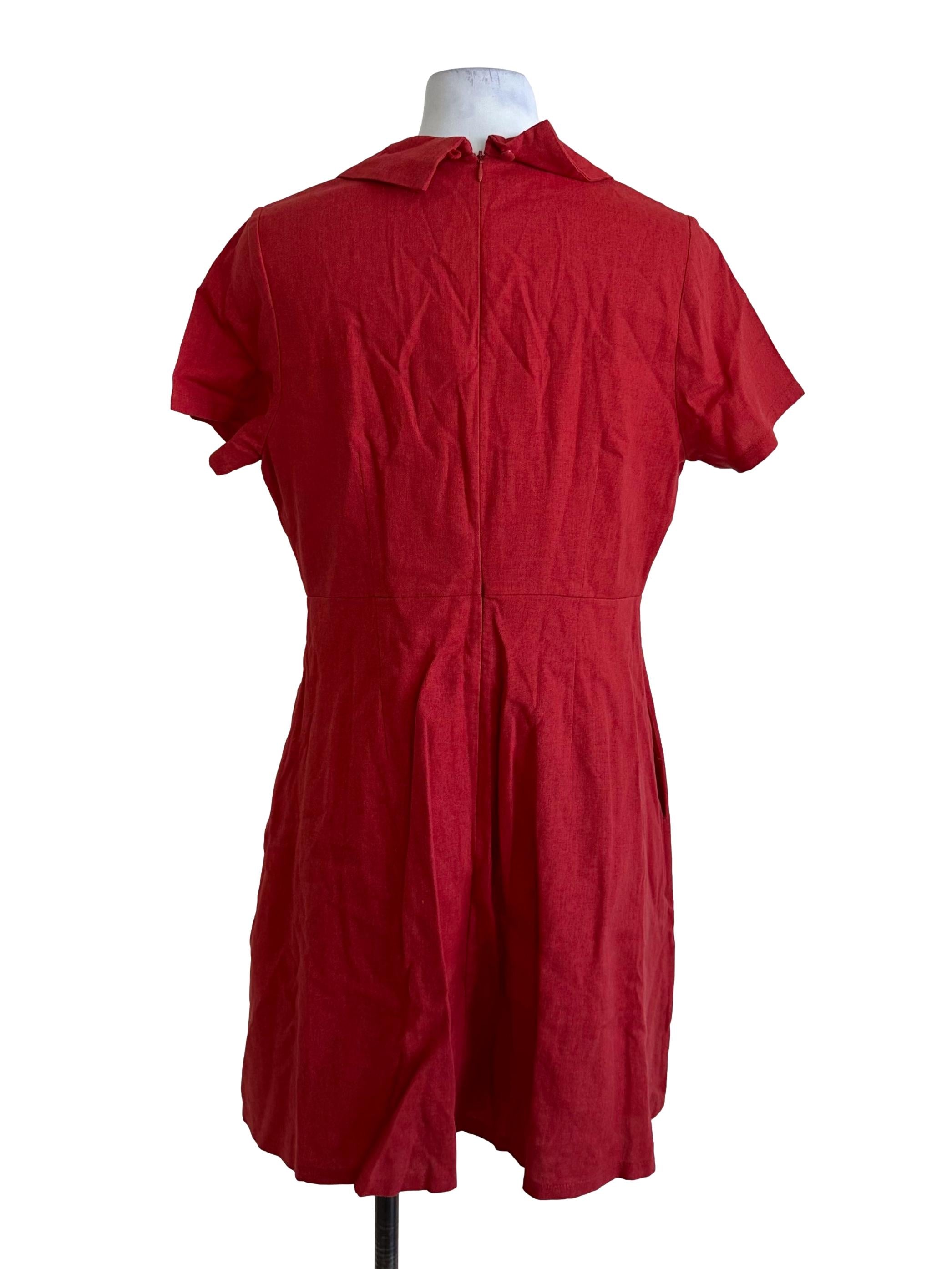 Rose Red V Neck Button Shirt Dress