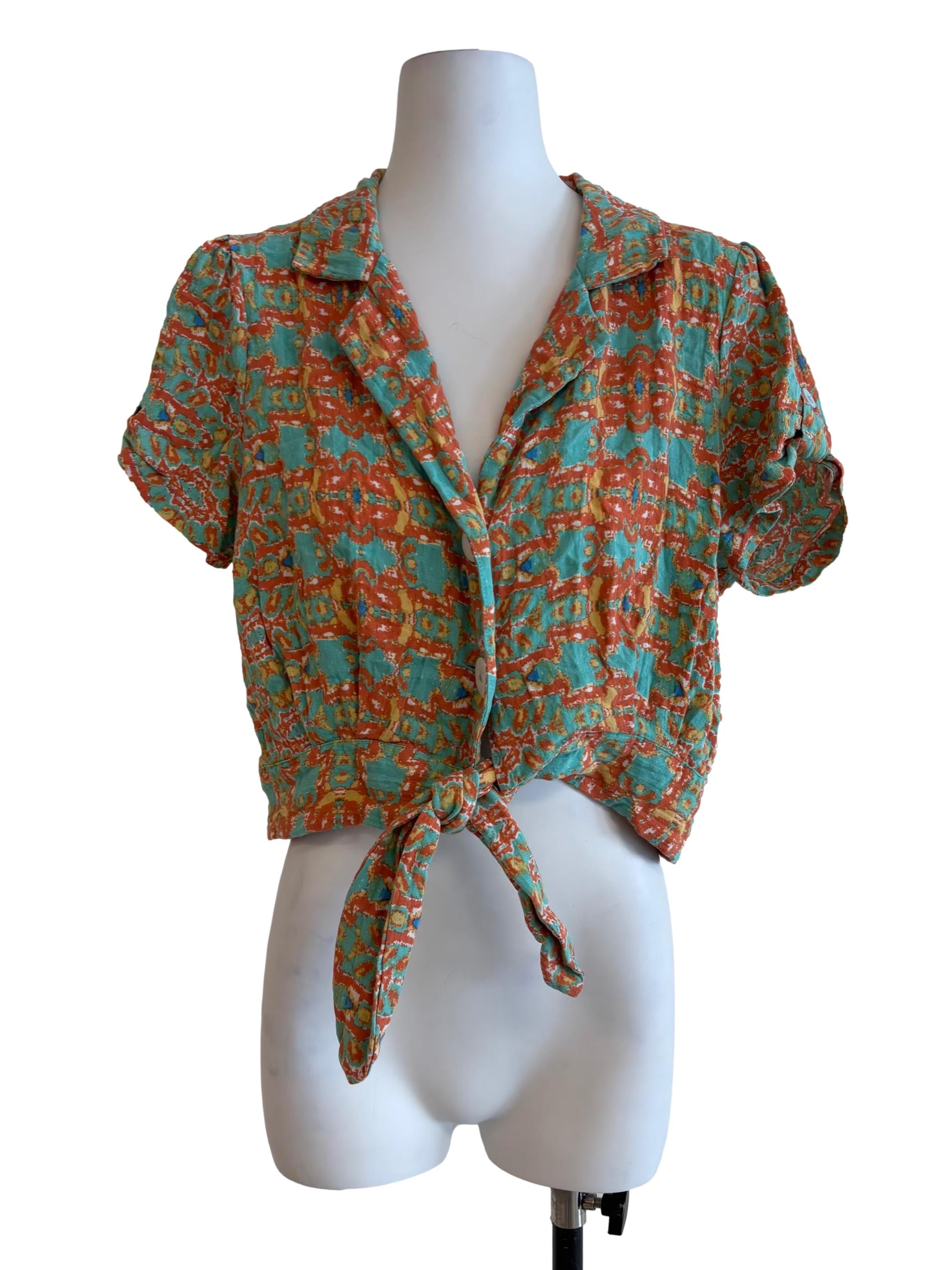 Mint Green Orange Front Tie Top