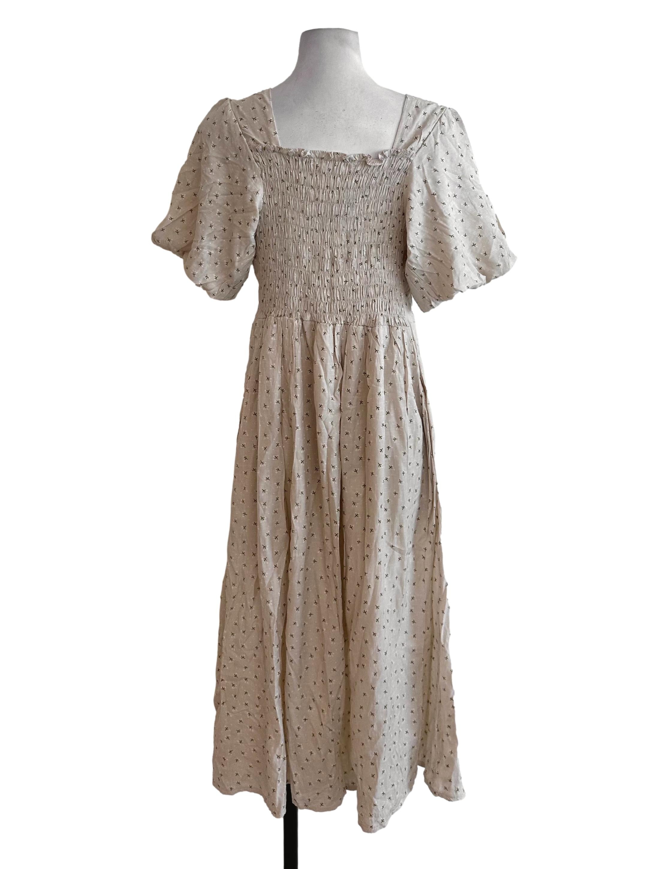 Light Beige Pattern Puff Sleeve Dress