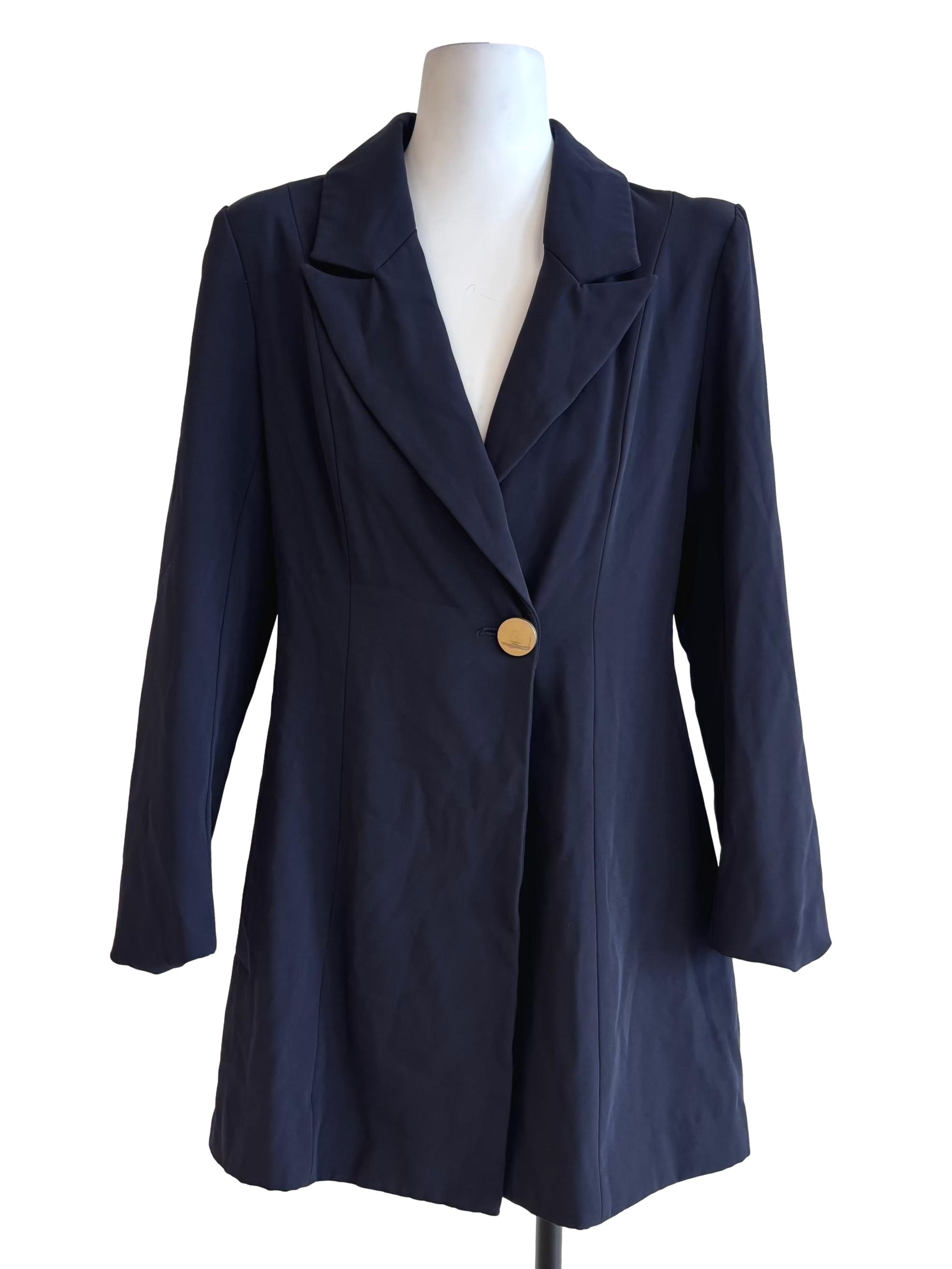 Navy Blue One Button Long Blazer