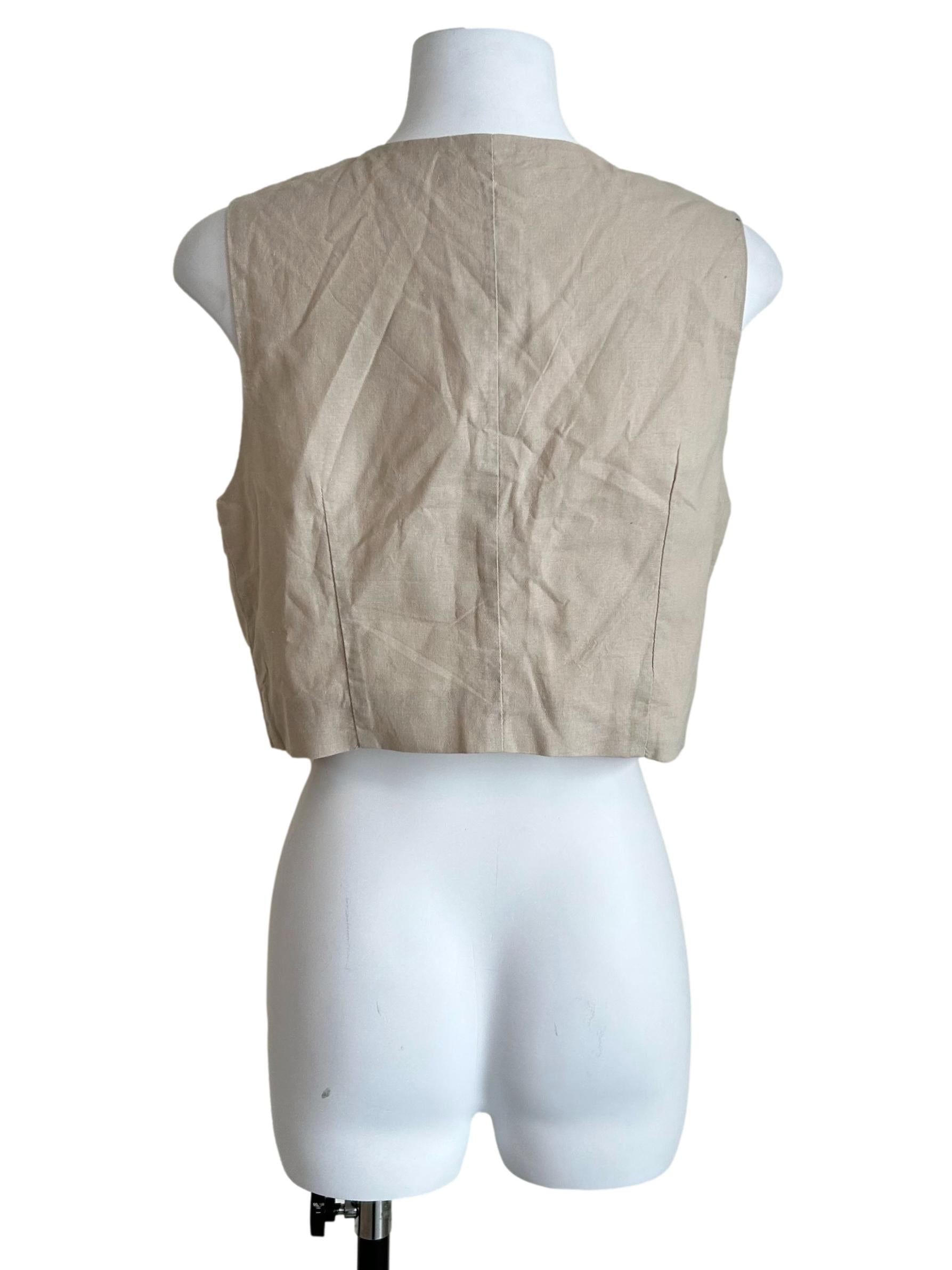 Beige Button-Front Linen Vest Top