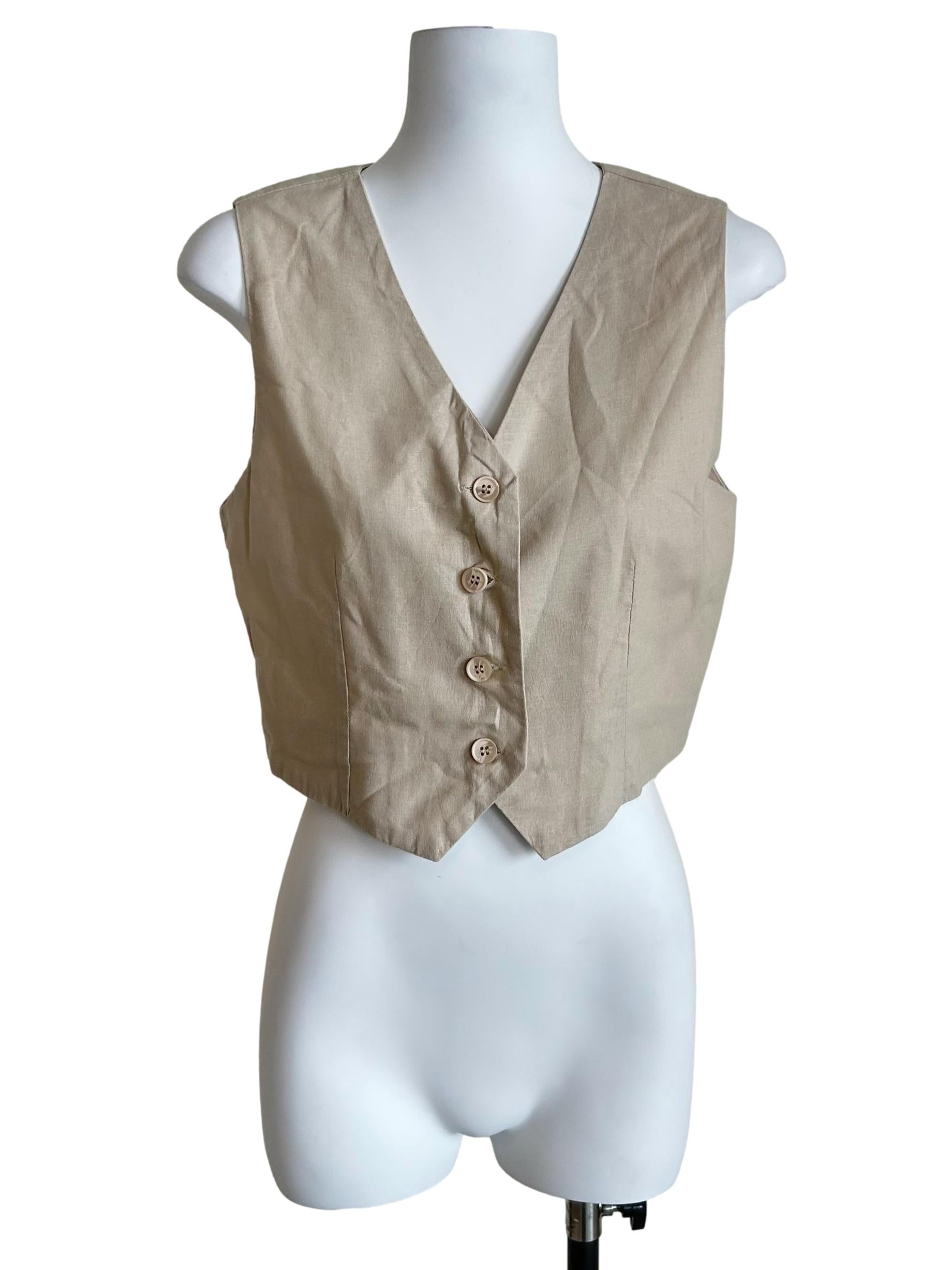 Beige Button-Front Linen Vest Top
