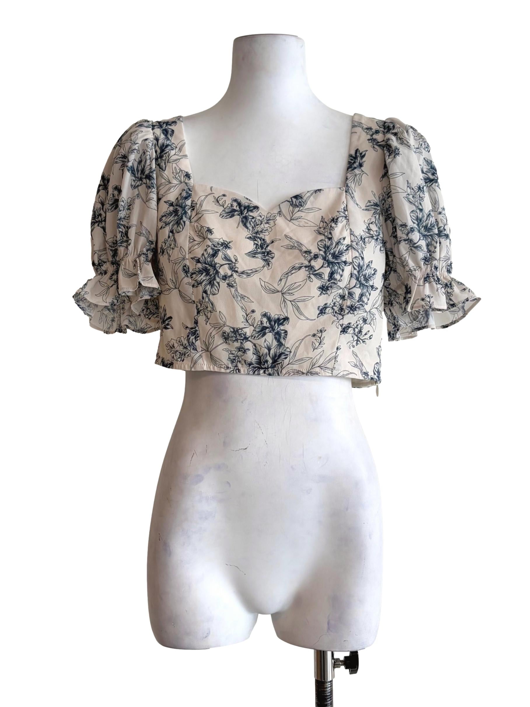 Dove White Teal Blue Flower Prints Puffy Sleeve Crop Top