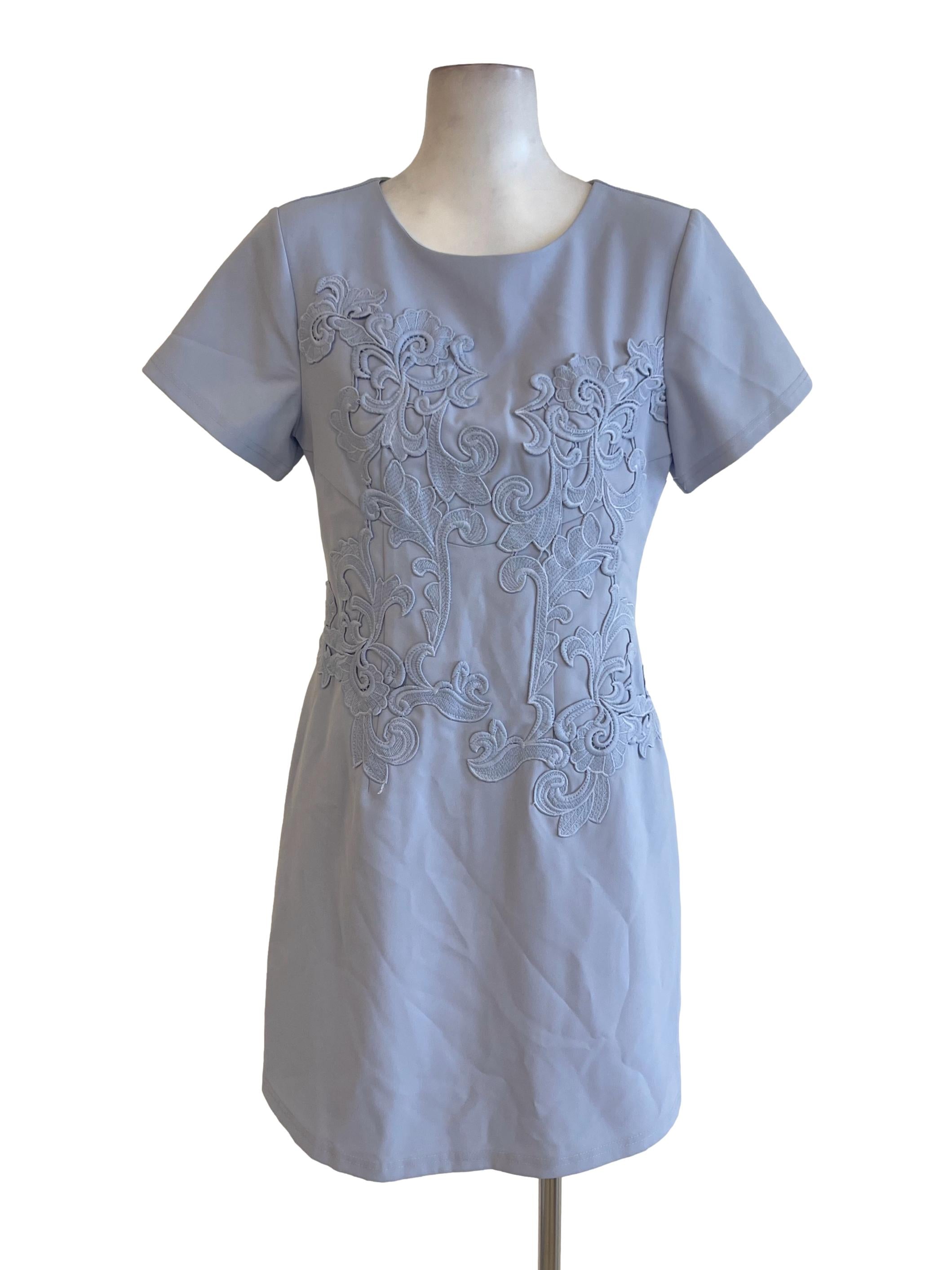 Baby Blue Patched Floral Lace Sheath Dress