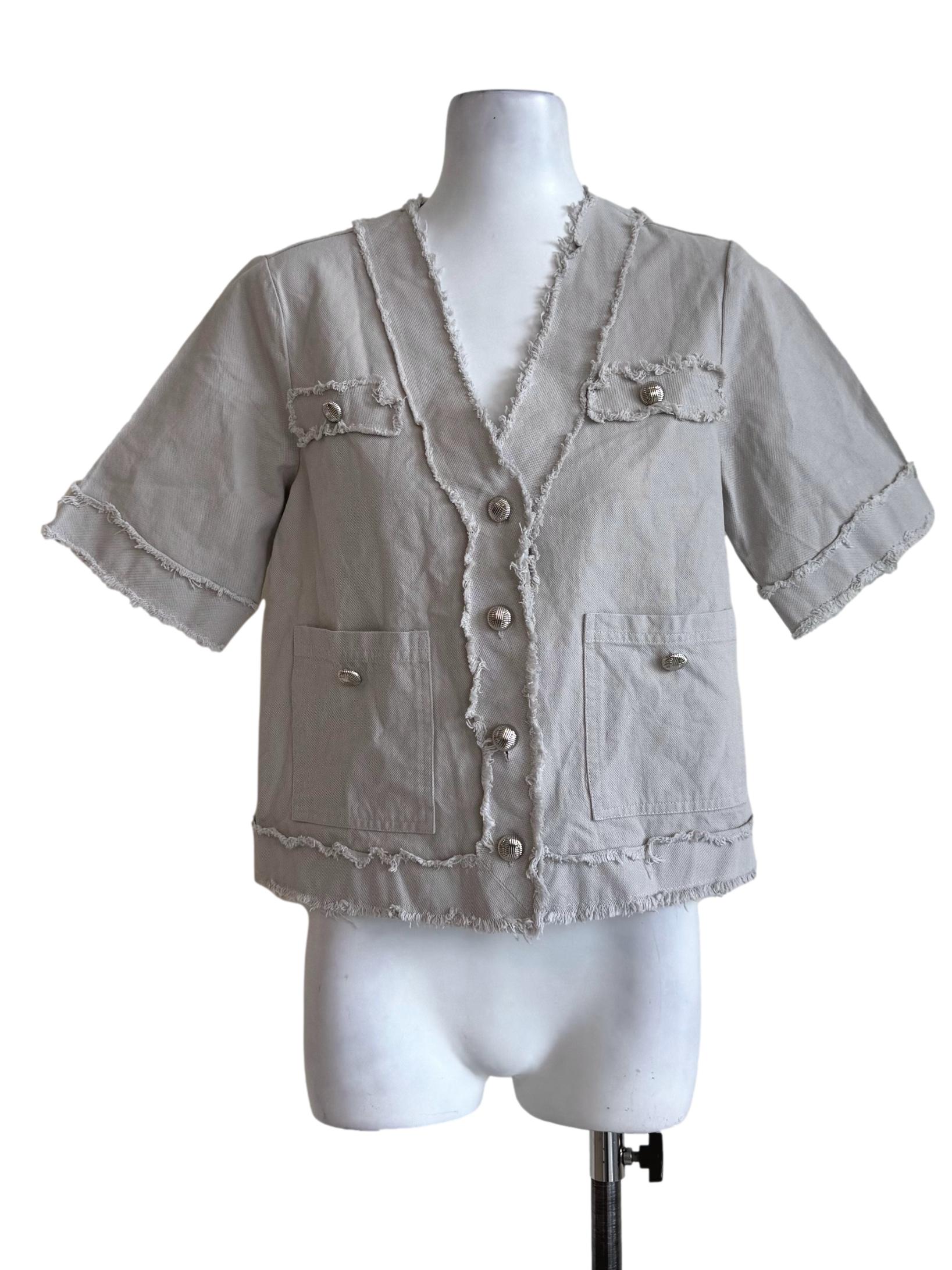 Soft Grey Denim V Neck Top YHF