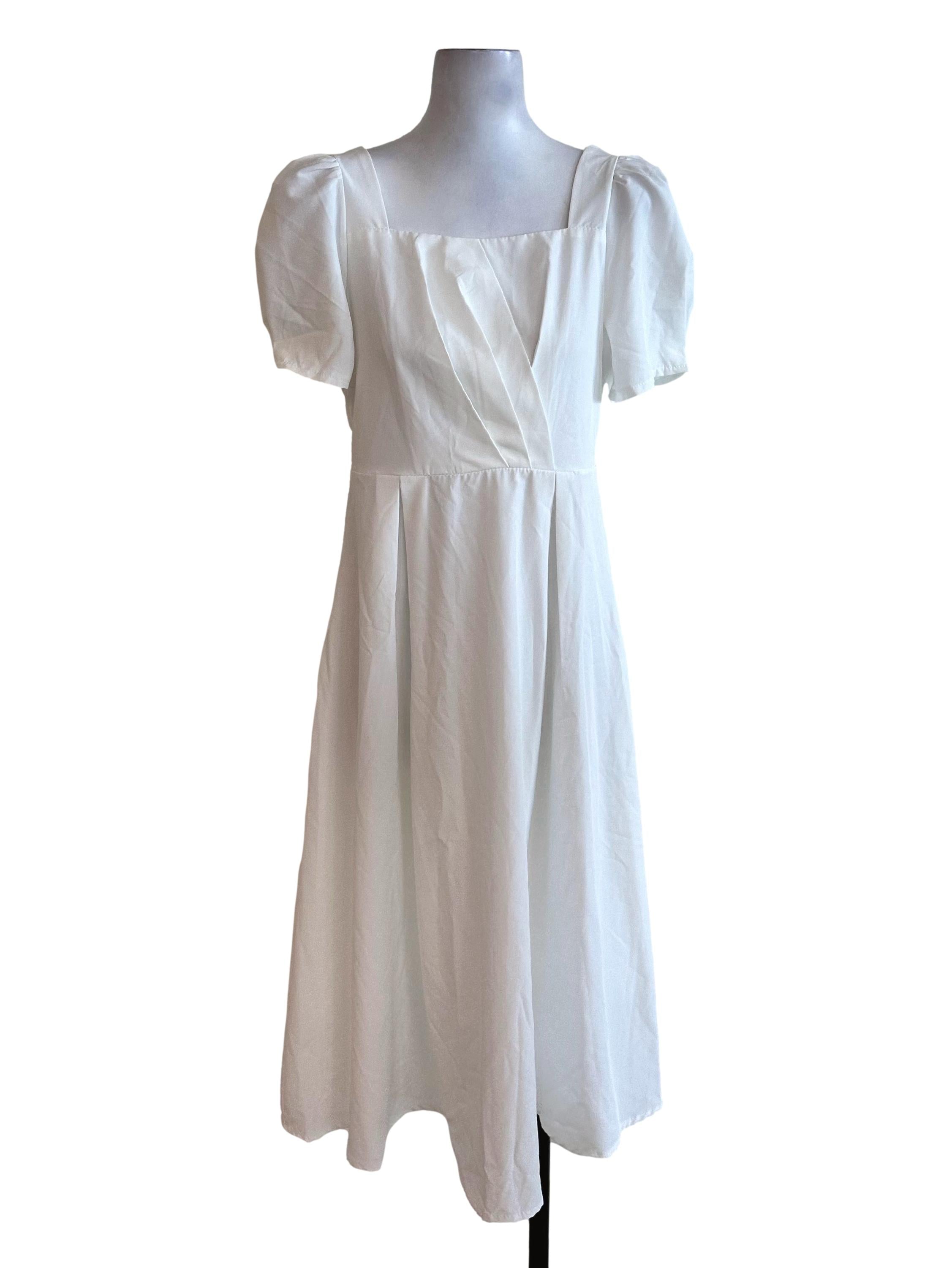 Pure White Square Neck Pleated Overlay Dress