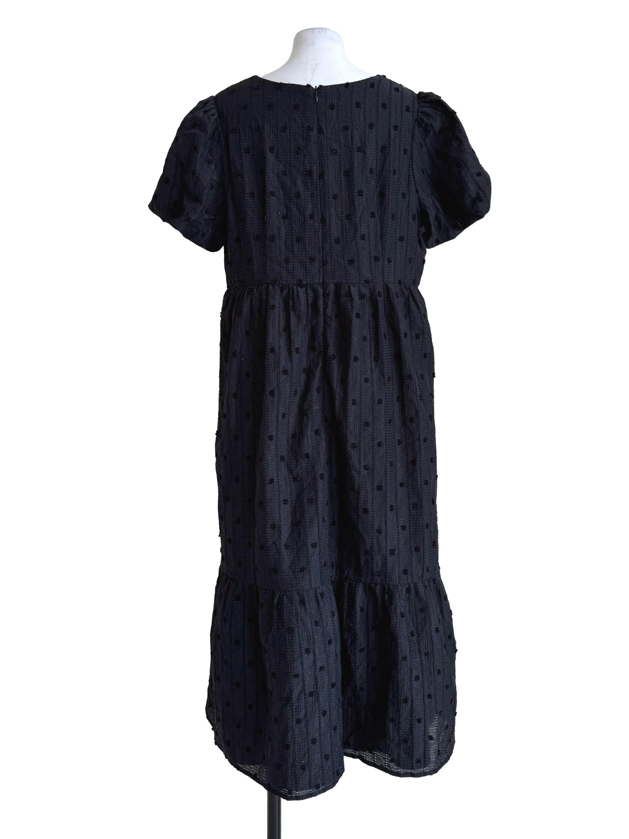 Textured Black Dotted Square Neck Dress