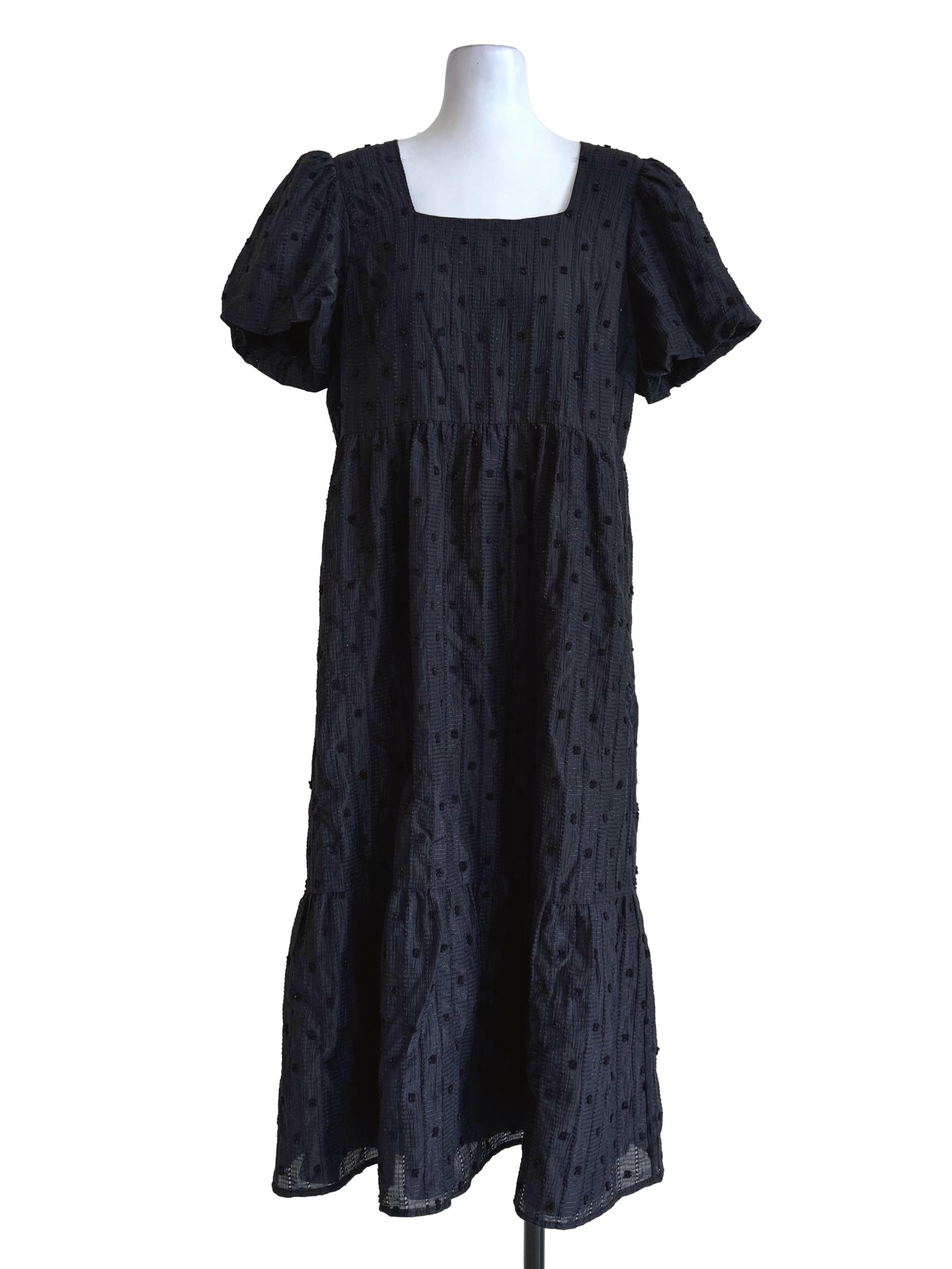 Textured Black Dotted Square Neck Dress