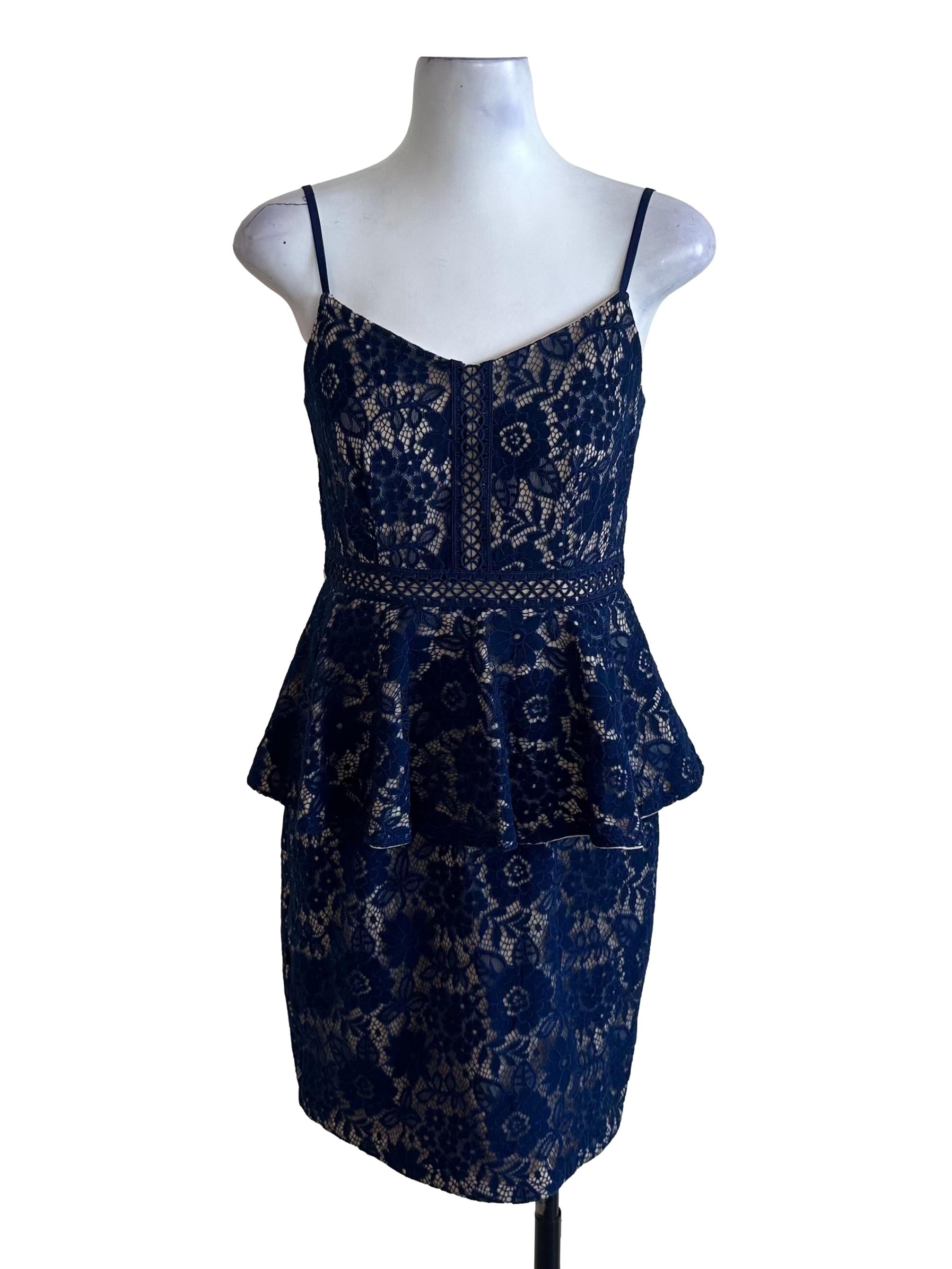 Navy Blue Lace V Neck Peplum Dress