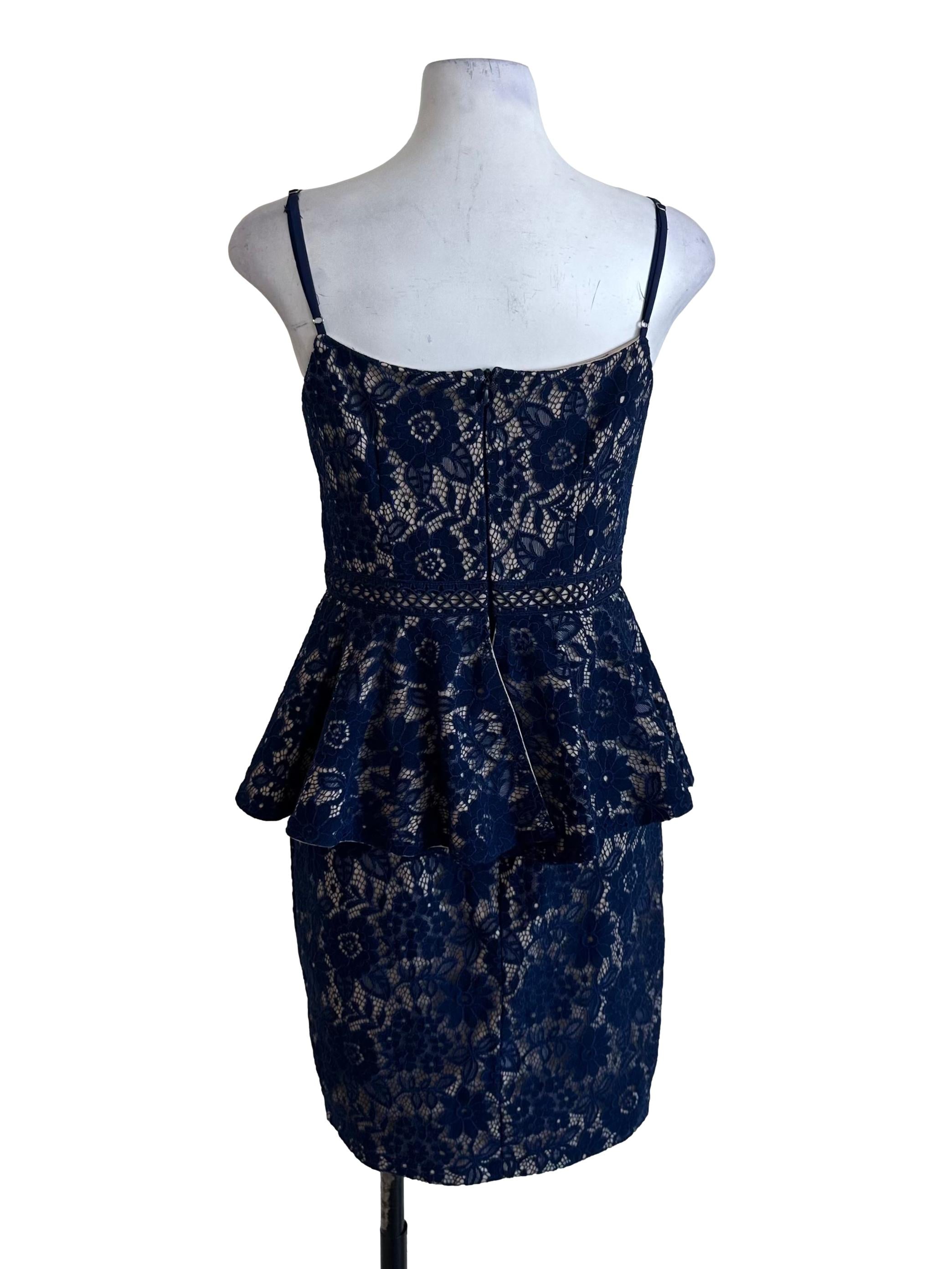 Navy Blue Lace V Neck Peplum Dress