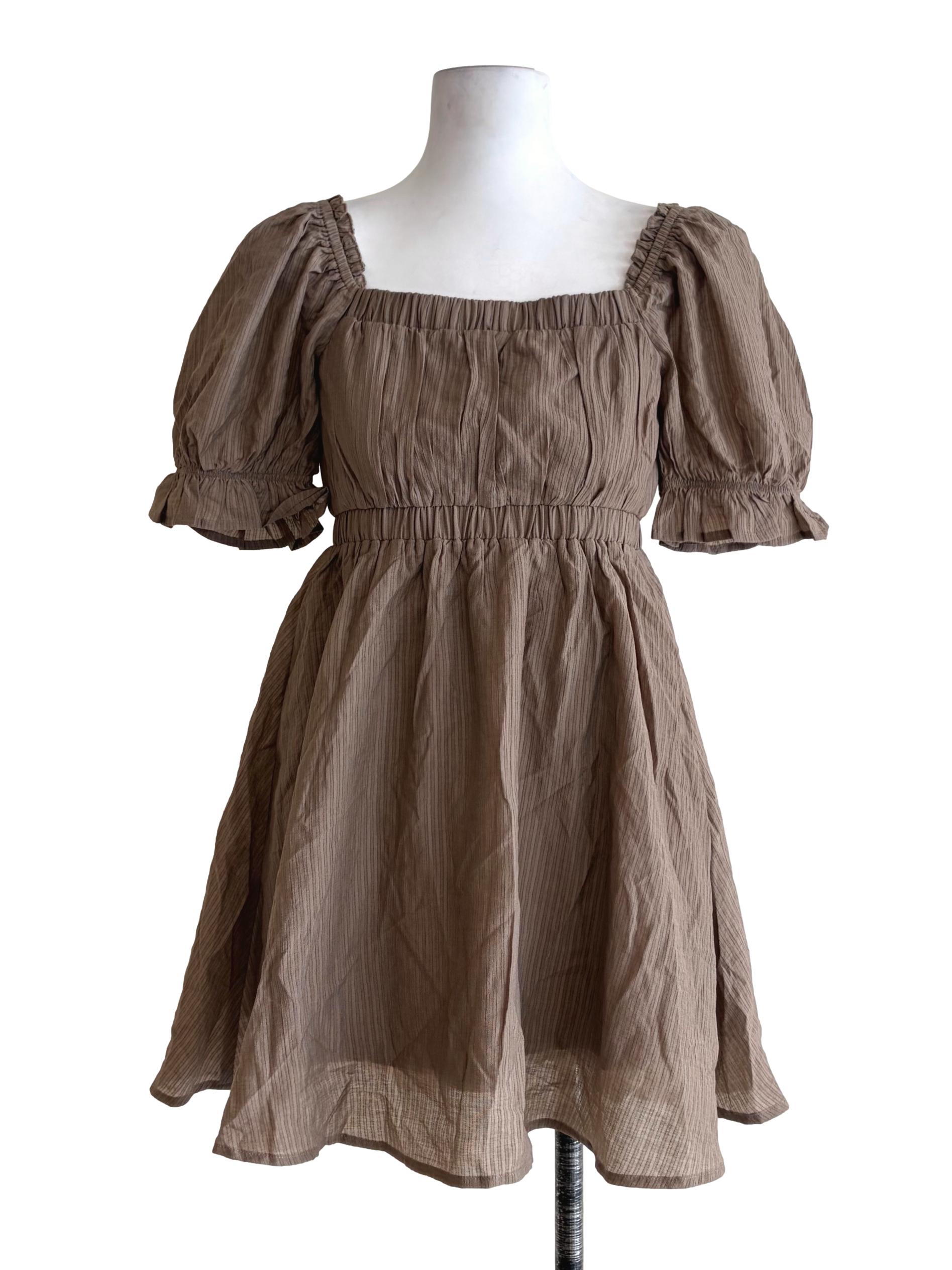 Peanut Brown Puffy Sleeve Babydoll Dress