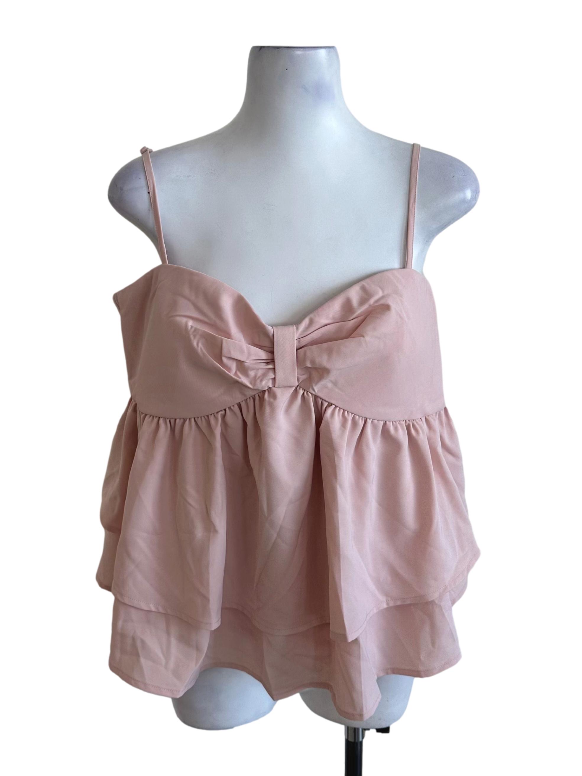 Light Pink Ribbon Layered Babydoll Top