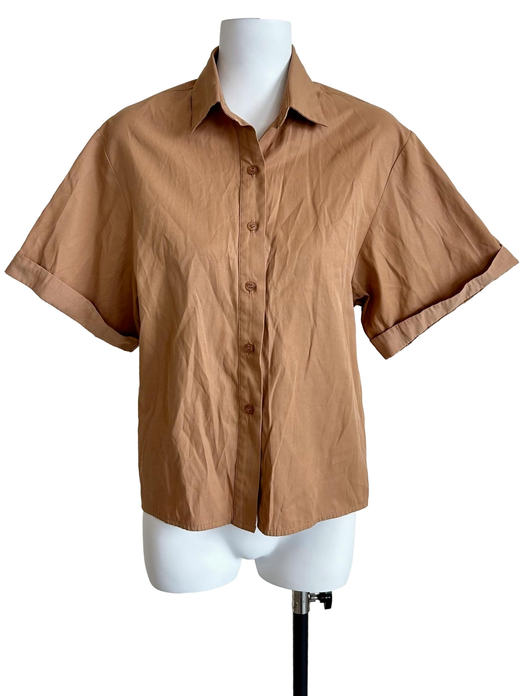 Camel Short-Sleeve Cuffed Button-Up Shirt