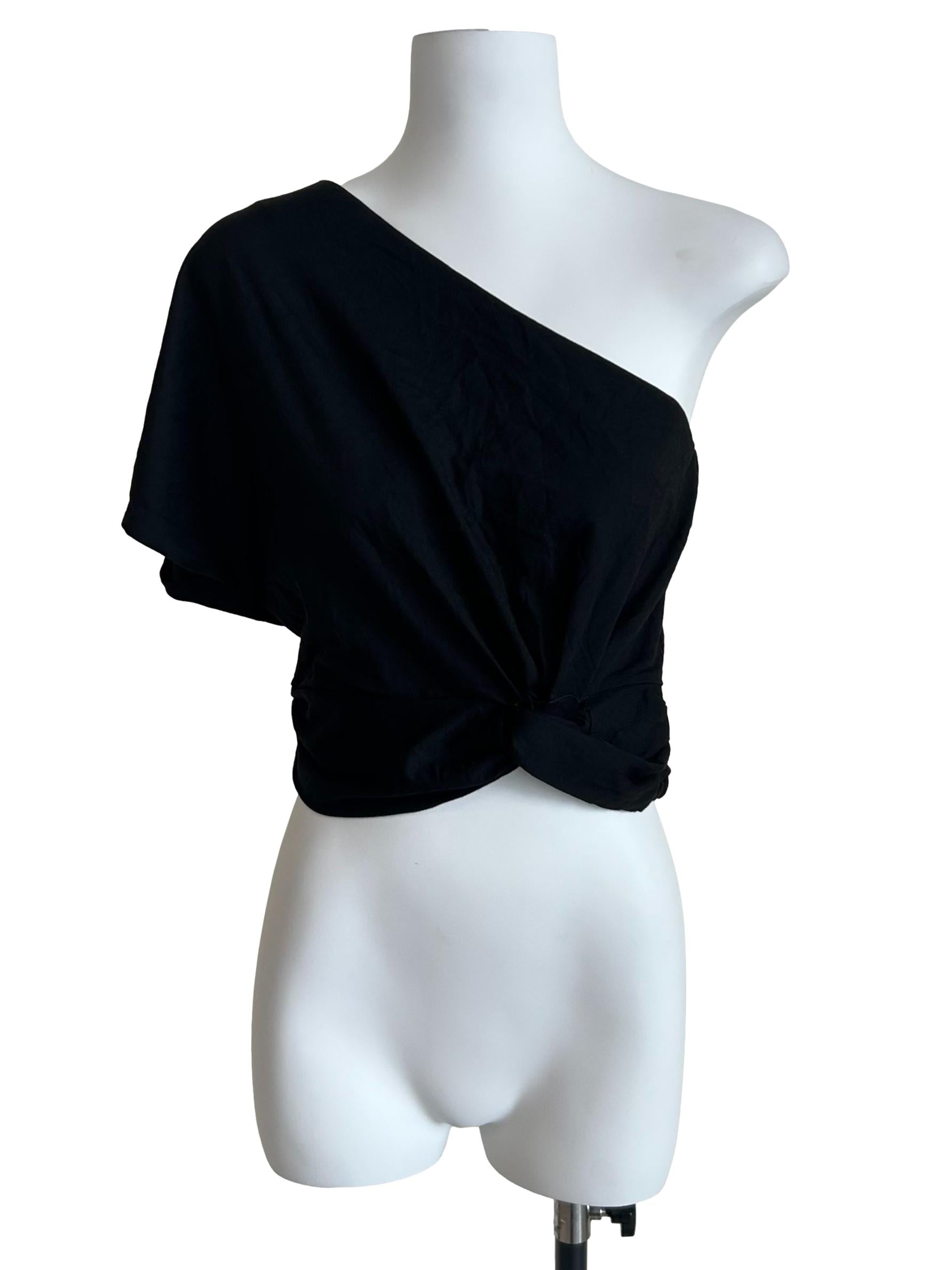 Black One-Shoulder Twist-Hem Crop Top