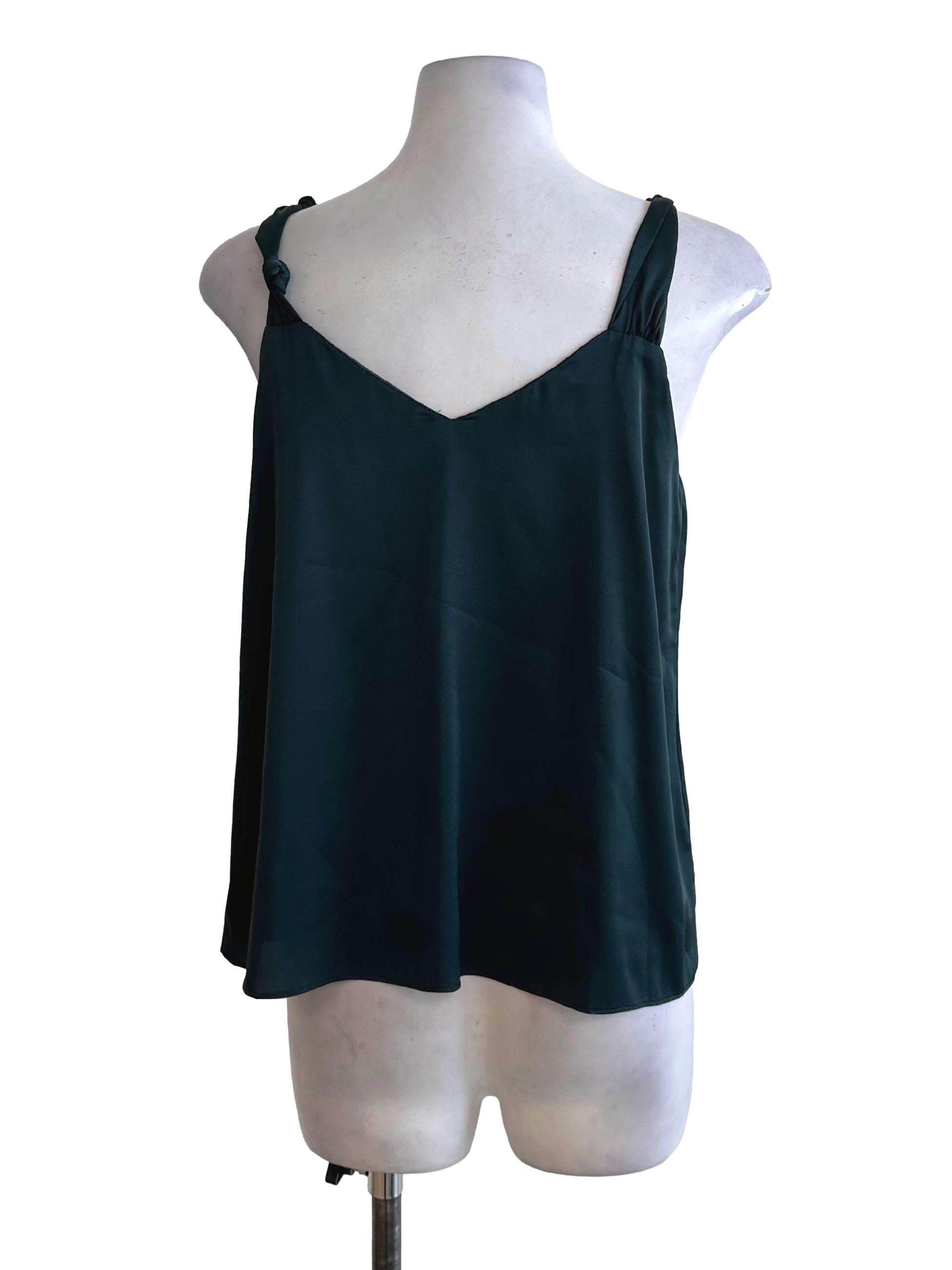 Dark Green V Neck Satin Top