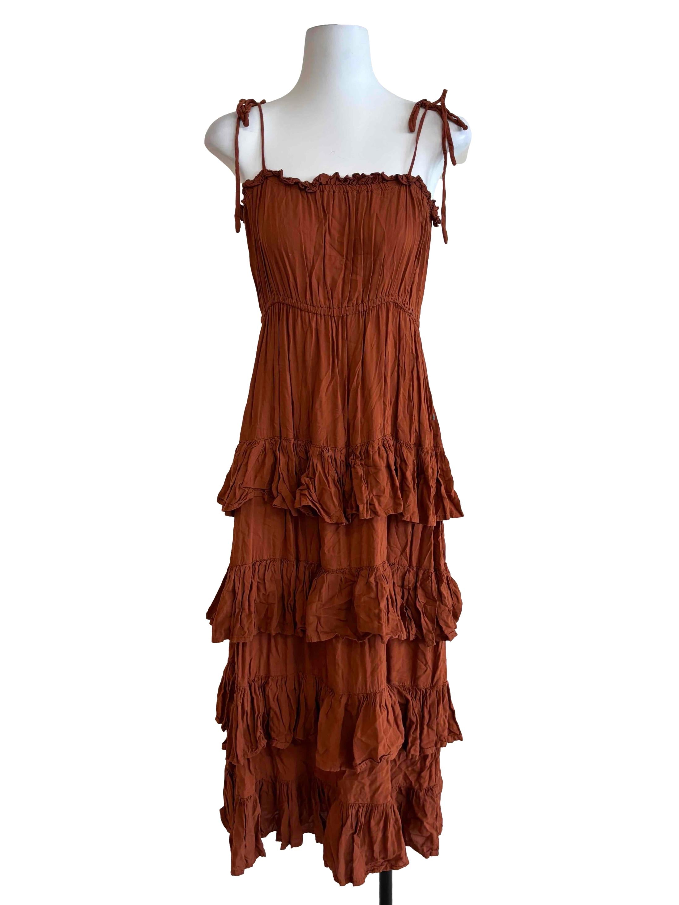 Caramel Brown Spaghetti Strap Tier Dress