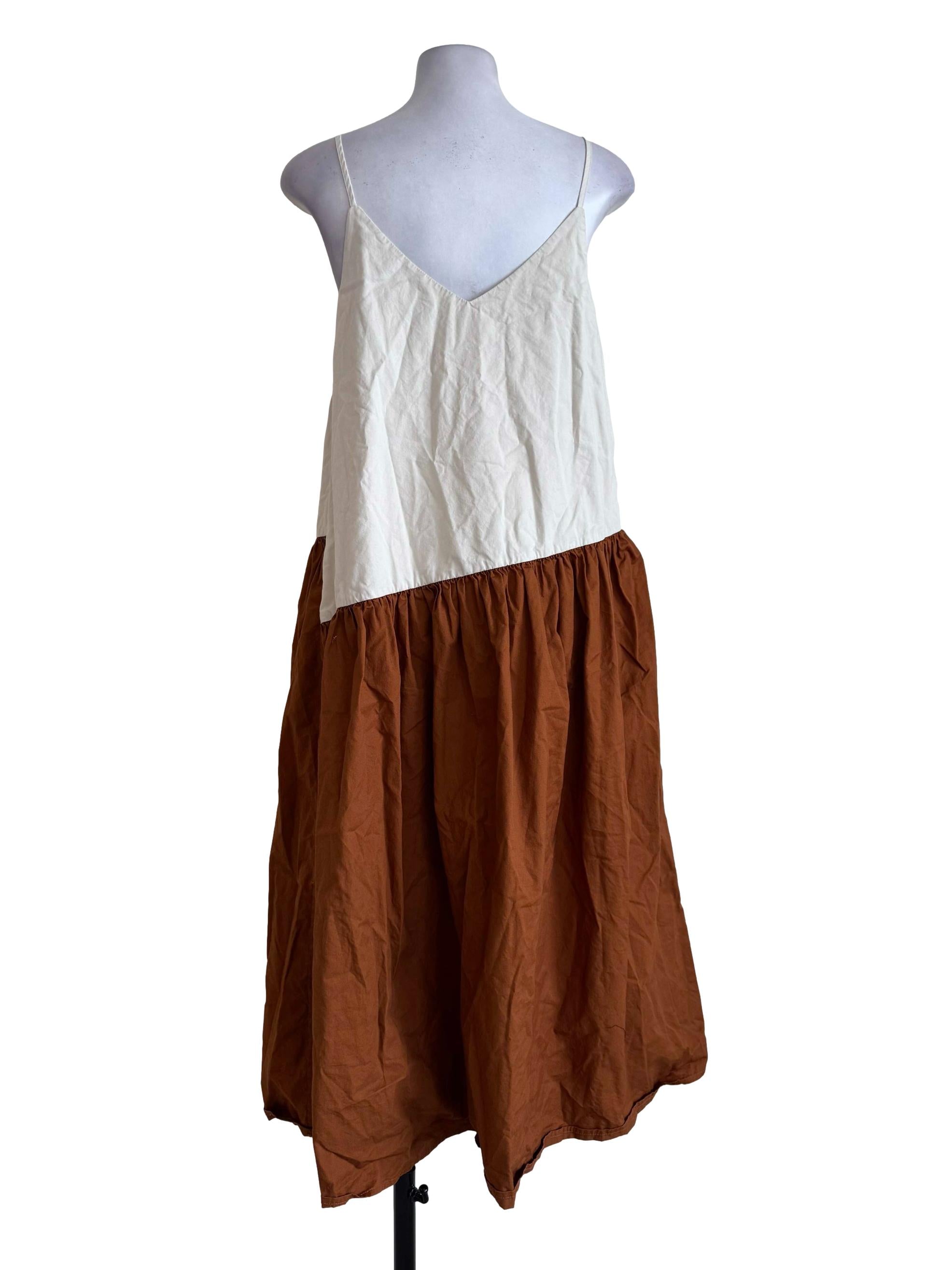 Cream And Brick V Neck Sleeveless Dress OSN