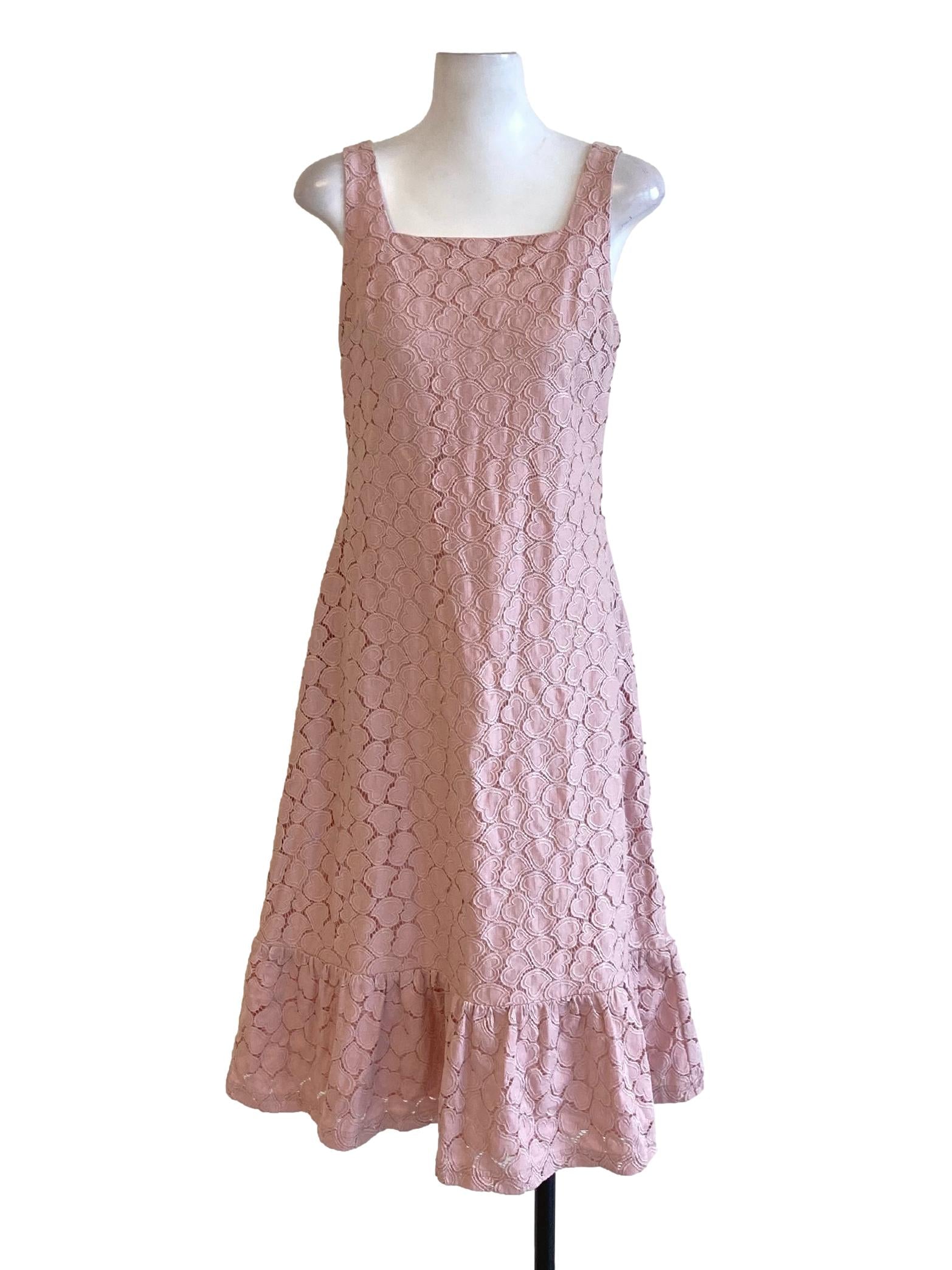 Dark Crepe Pink Floral Lace Square Neck Drop Waist Dress