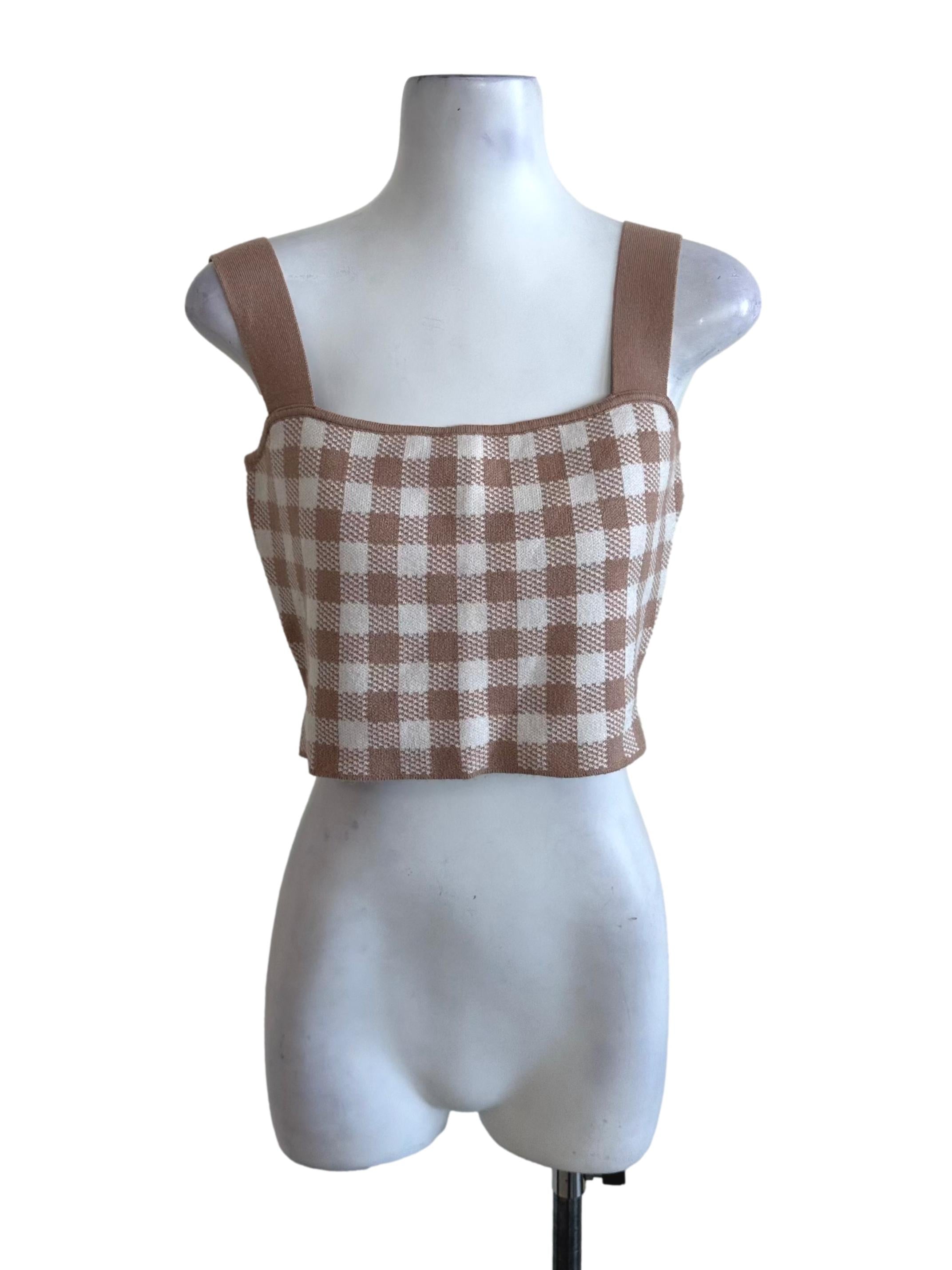 Mocha Brown Plaid Pattern Knit Top TCL
