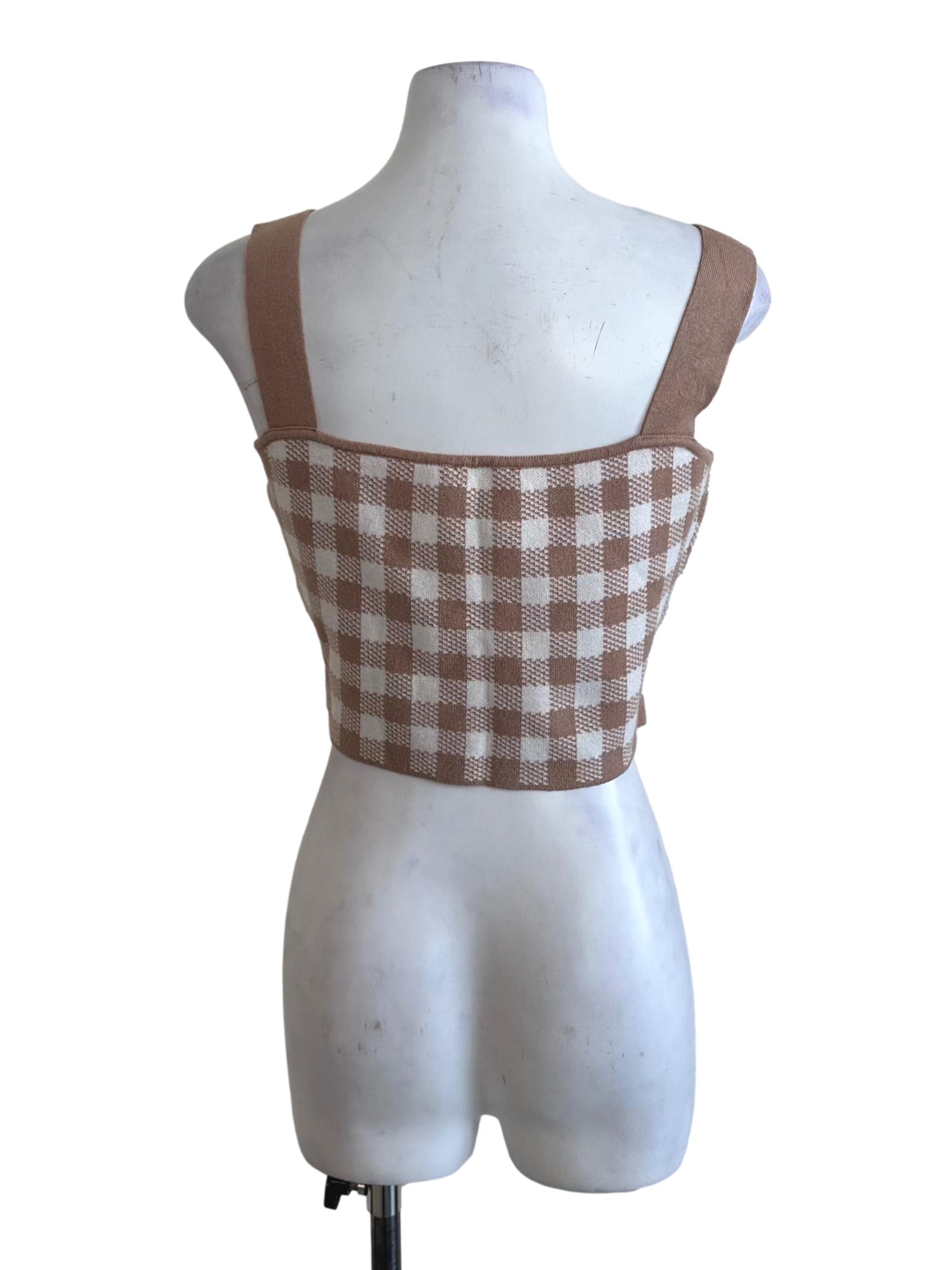 Mocha Brown Plaid Pattern Knit Top TCL