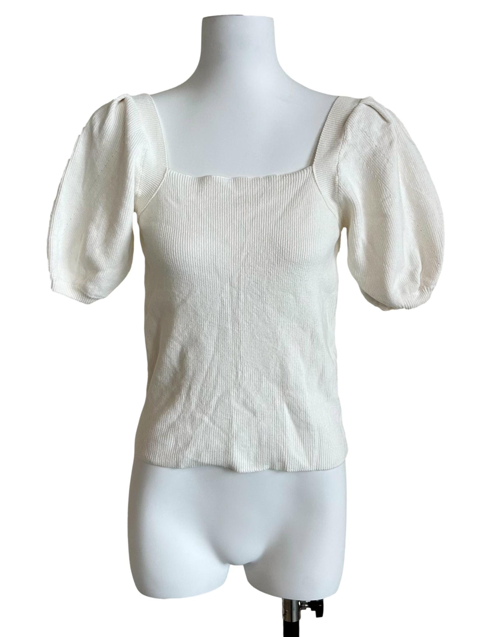 White Square-Neck Puff-Sleeve Knit Top