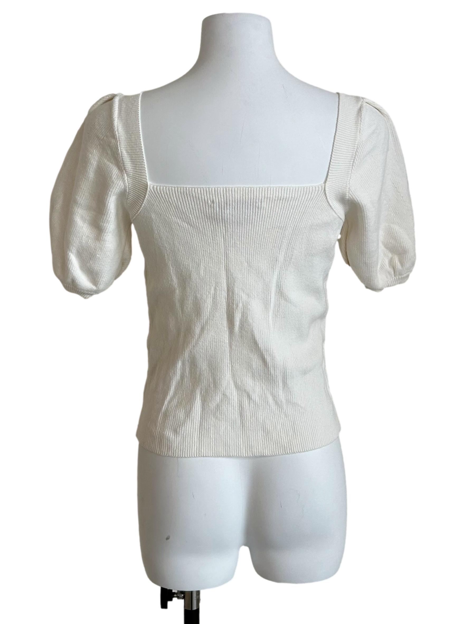 White Square-Neck Puff-Sleeve Knit Top