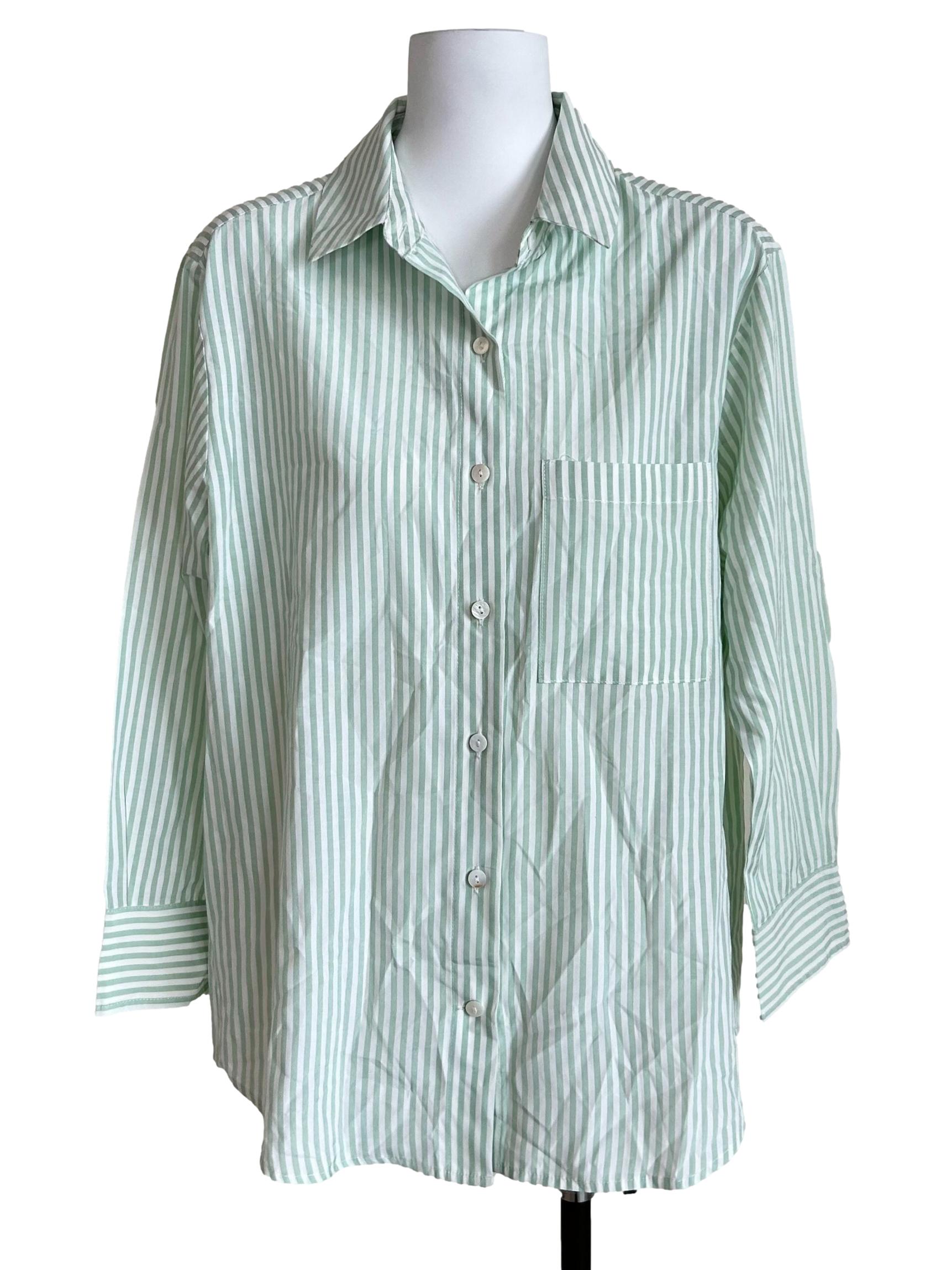 Mint Green Striped Long-Sleeve Button-Up Shirt