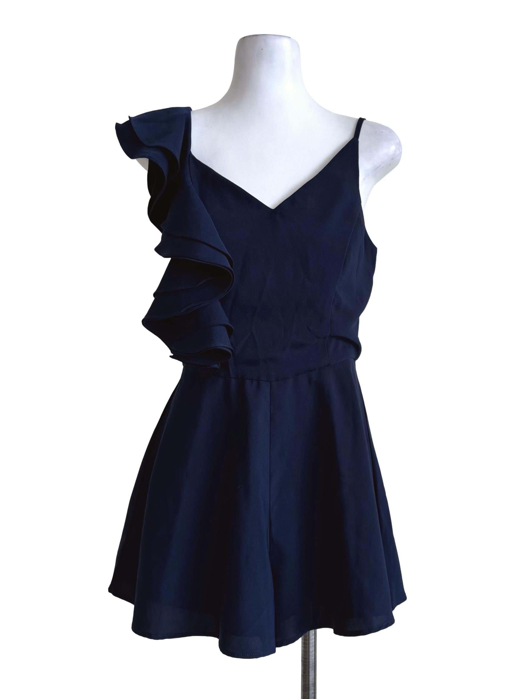 Navy Blue Ruffle Strap Romper Dress