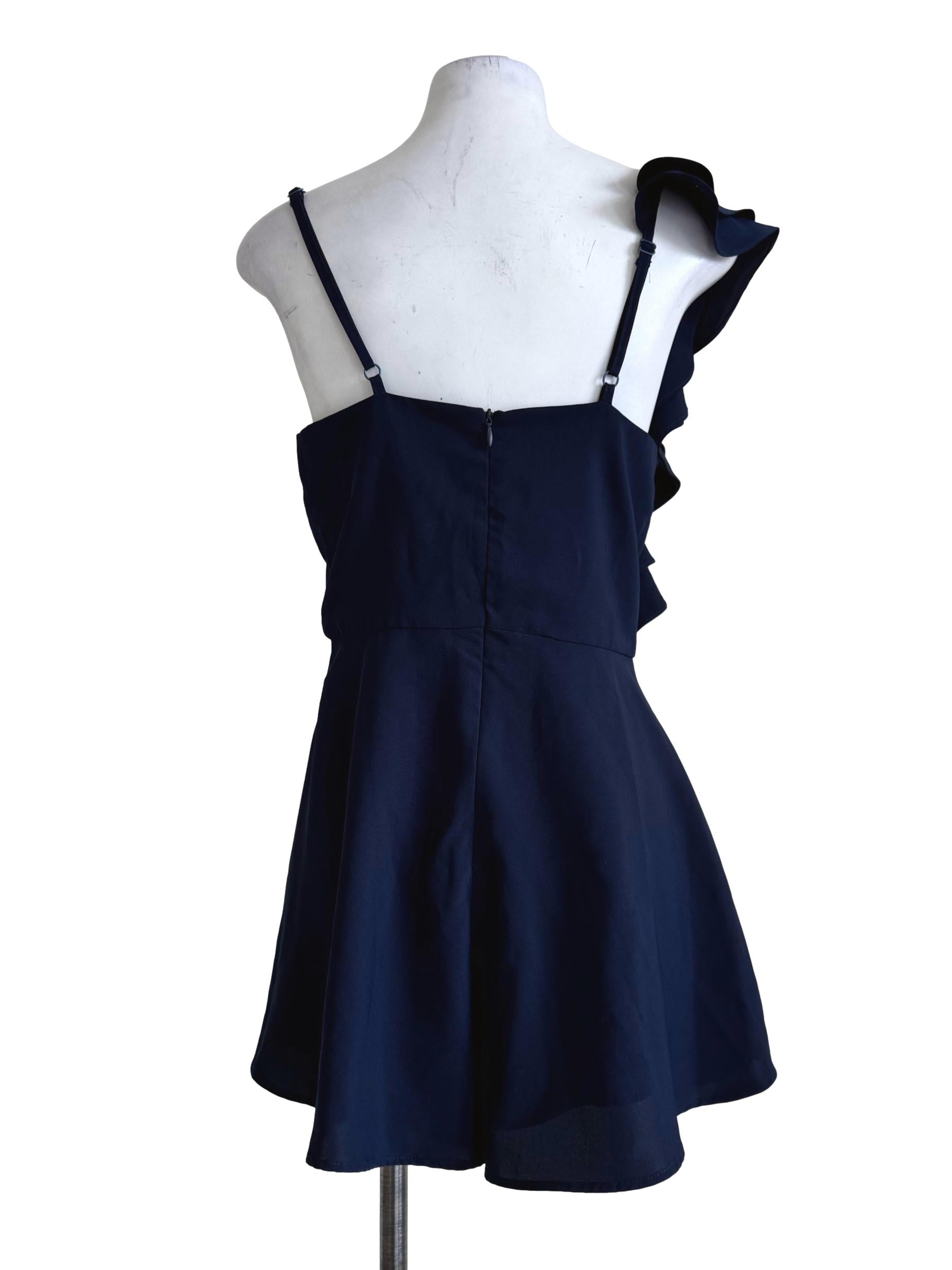 Navy Blue Ruffle Strap Romper Dress